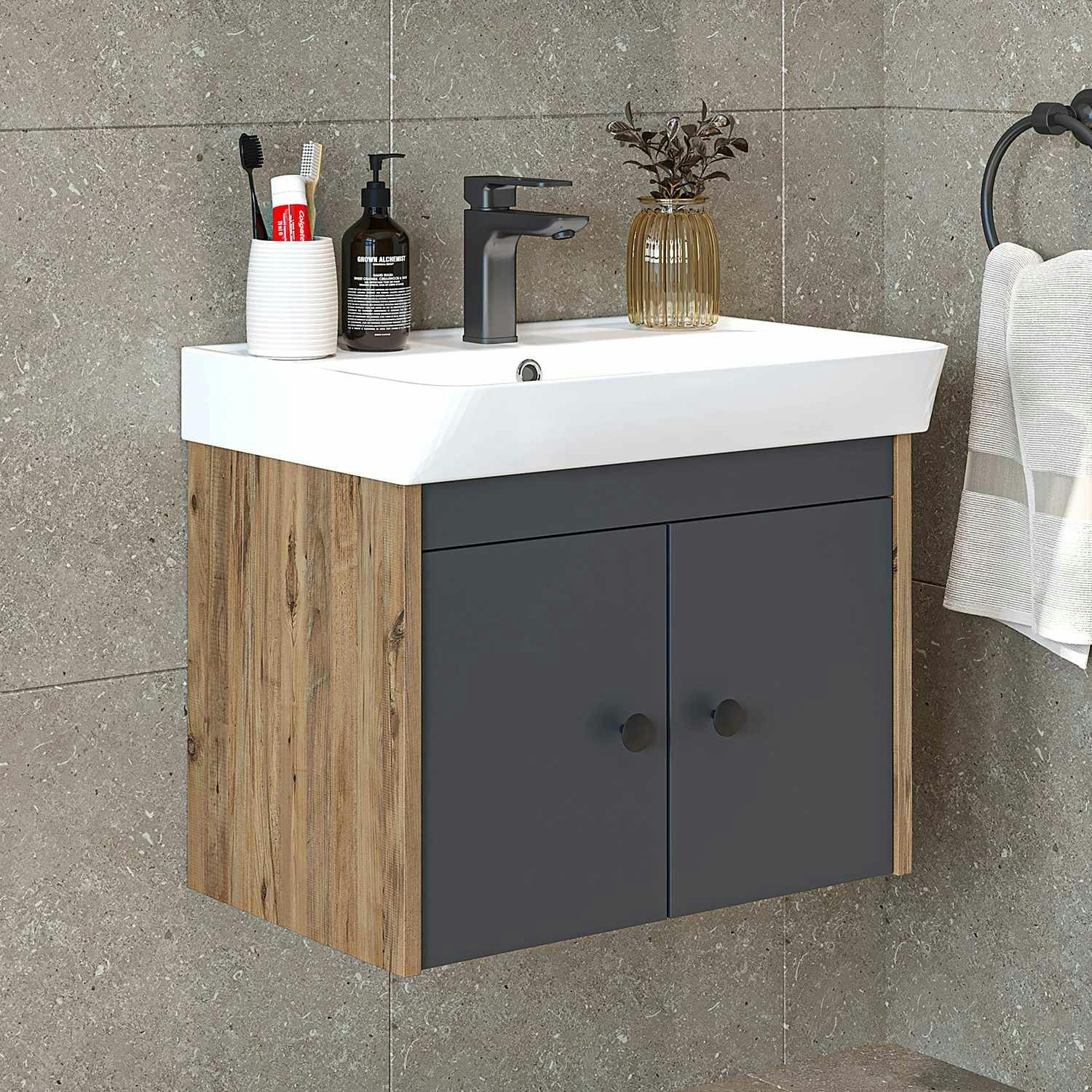 Meuble vasque suspendu 60 cm décor pin et gris 2 portes JUSA