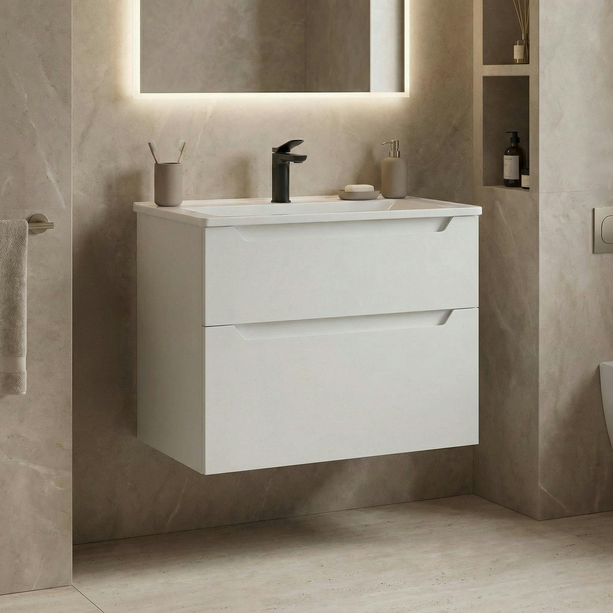 Meuble vasque suspendu 65 cm blanc 2 tiroirs ELYO