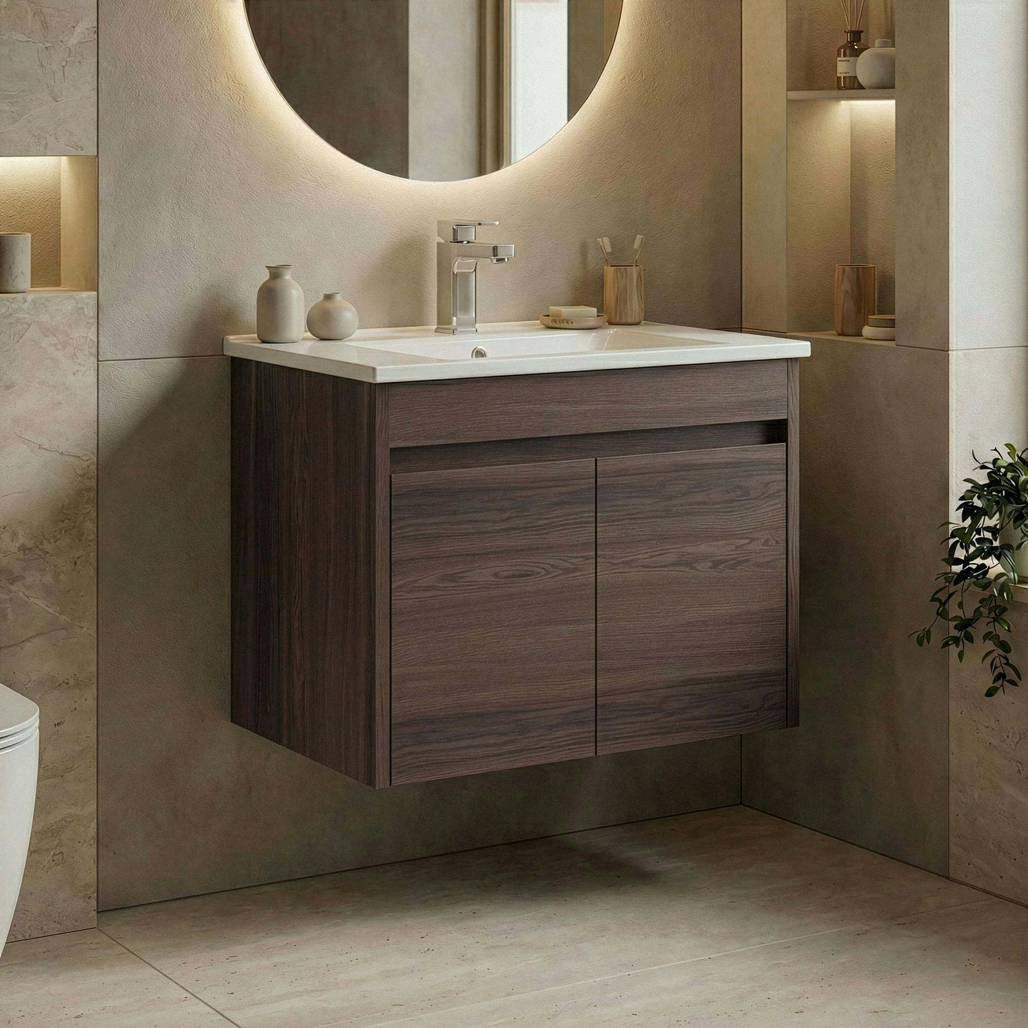 Meuble vasque suspendu 65 cm décor bois foncé 2 portes MOANA