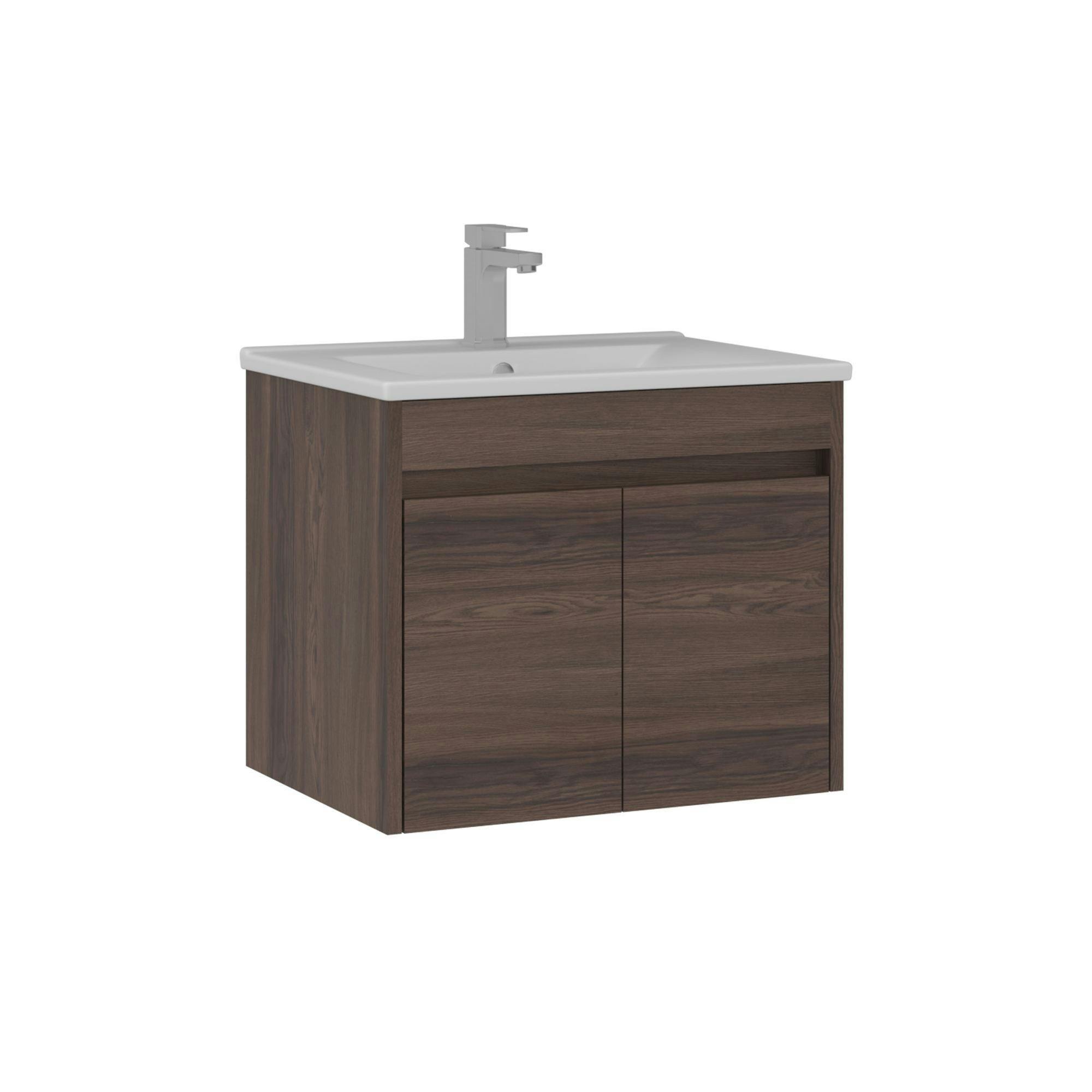 Meuble vasque suspendu 65 cm décor bois foncé 2 portes MOANA