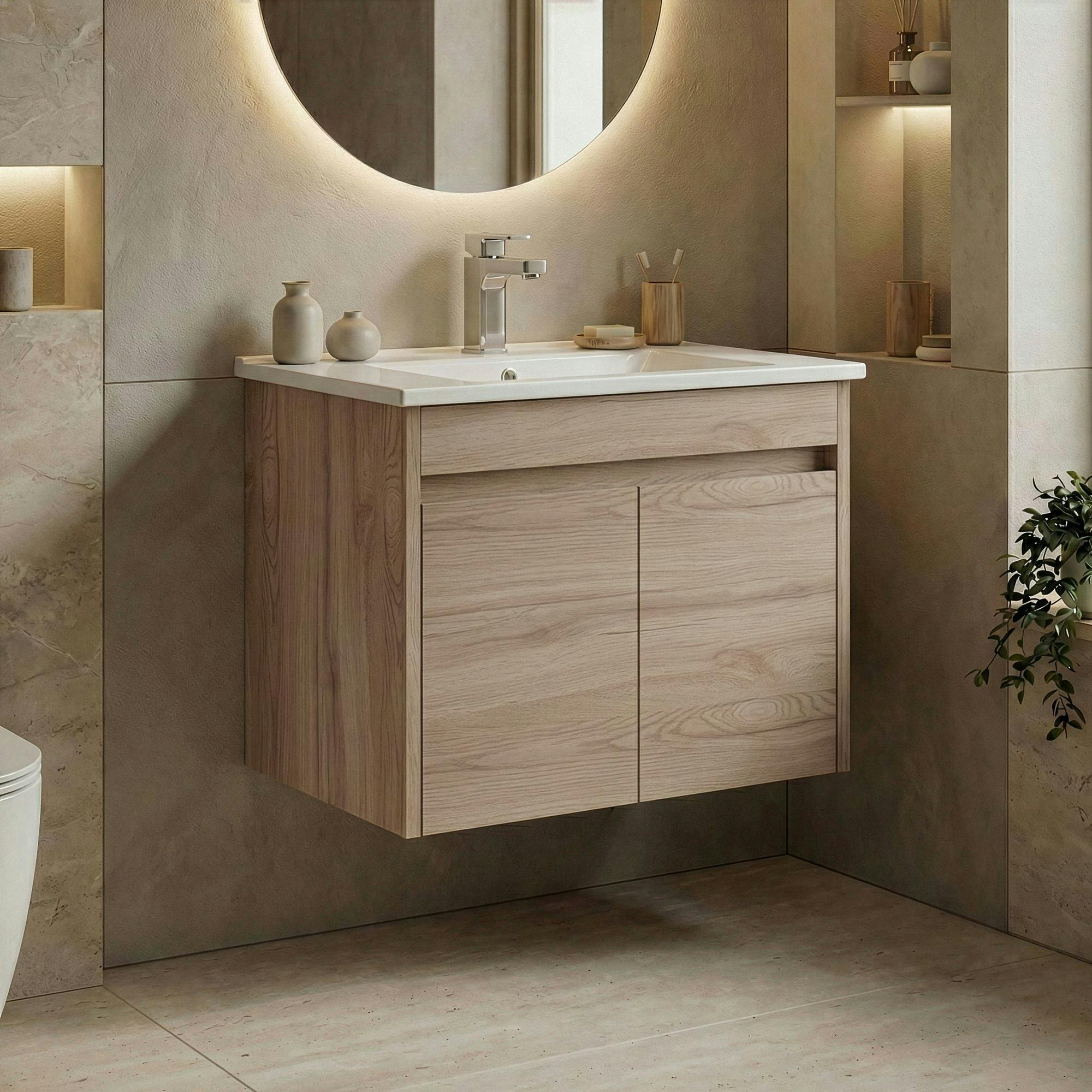 Meuble vasque suspendu 65 cm décor chêne 2 portes MOANA