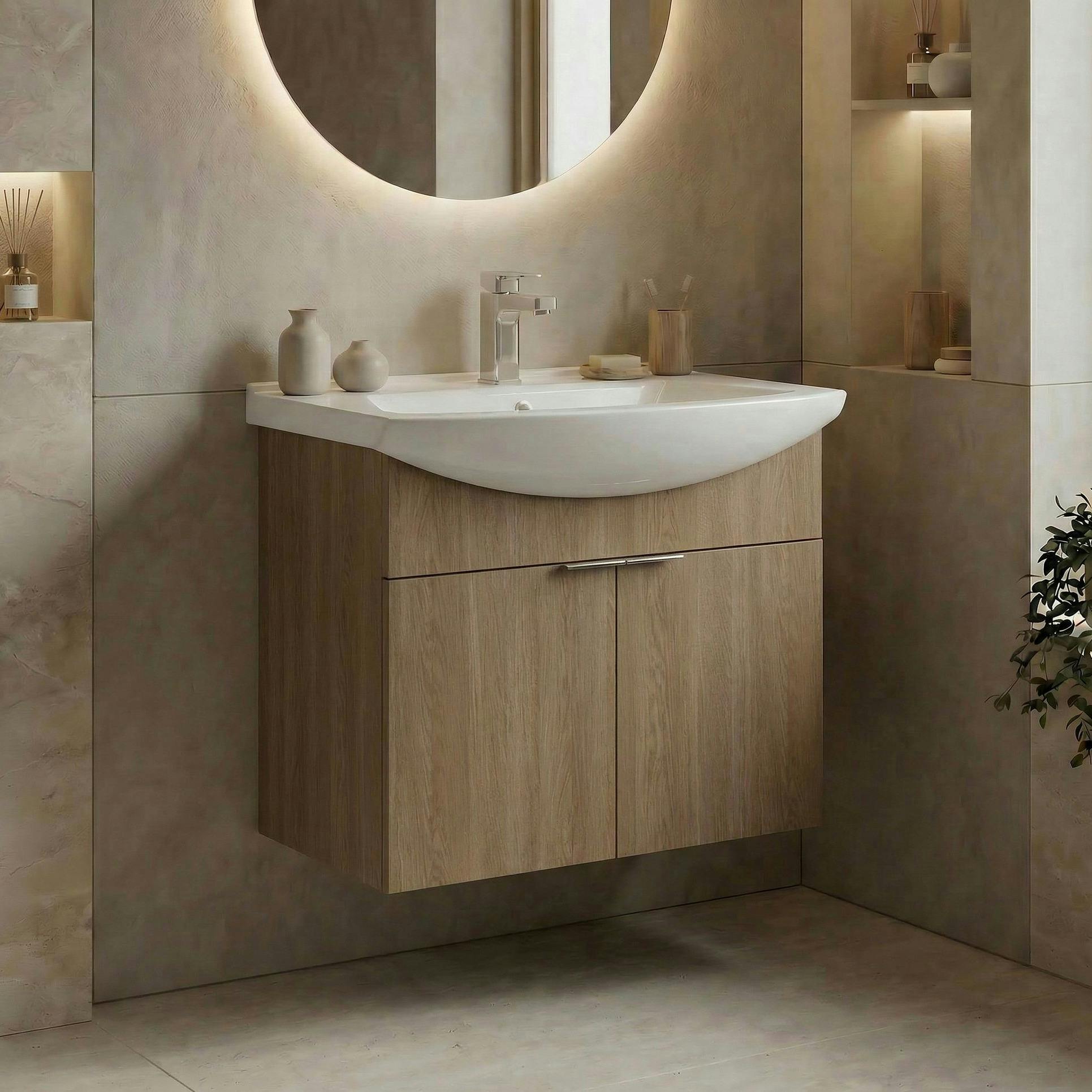 Meuble vasque suspendu 65 cm décor chêne 2 portes UMI