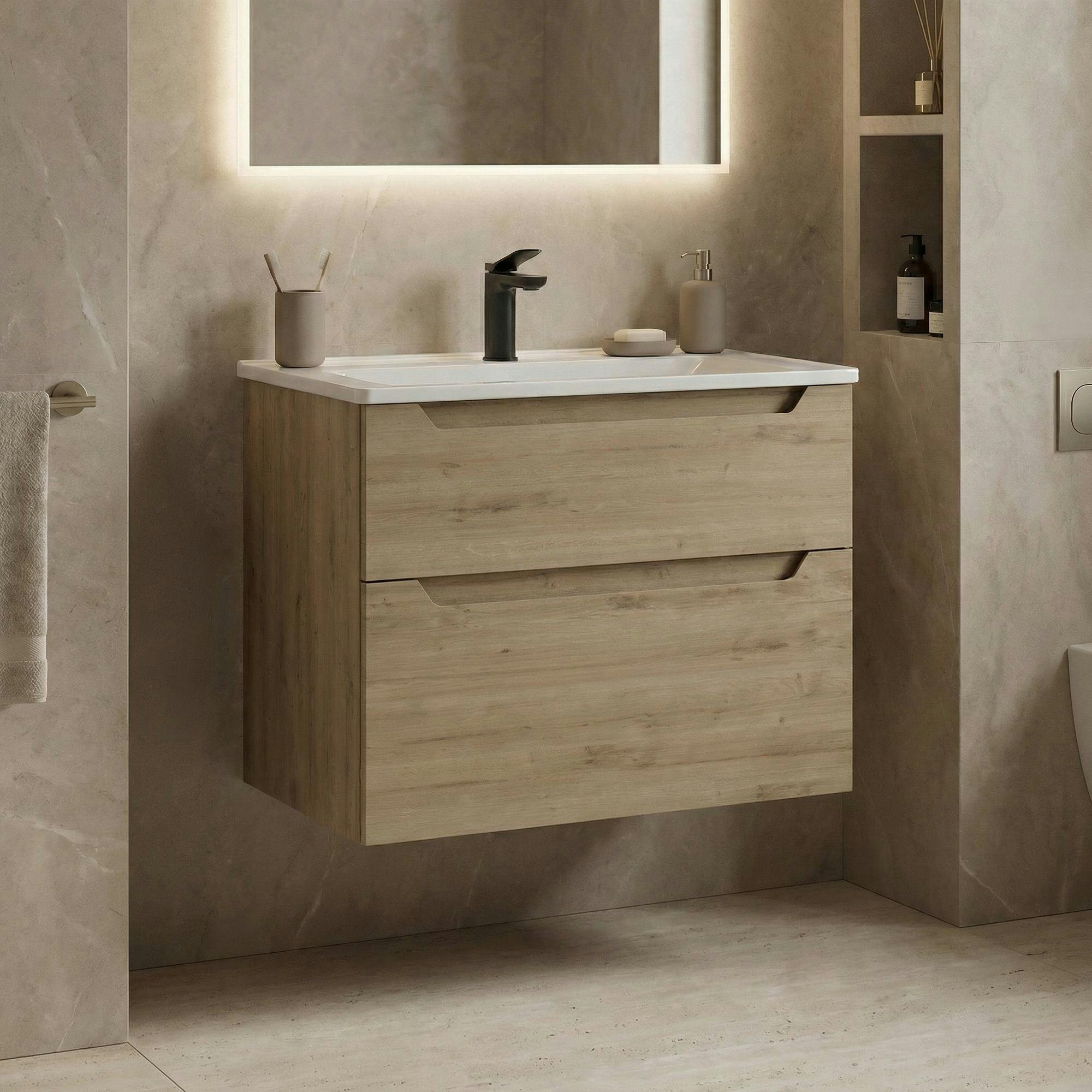 Meuble vasque suspendu 65 cm décor chêne 2 tiroirs ELYO