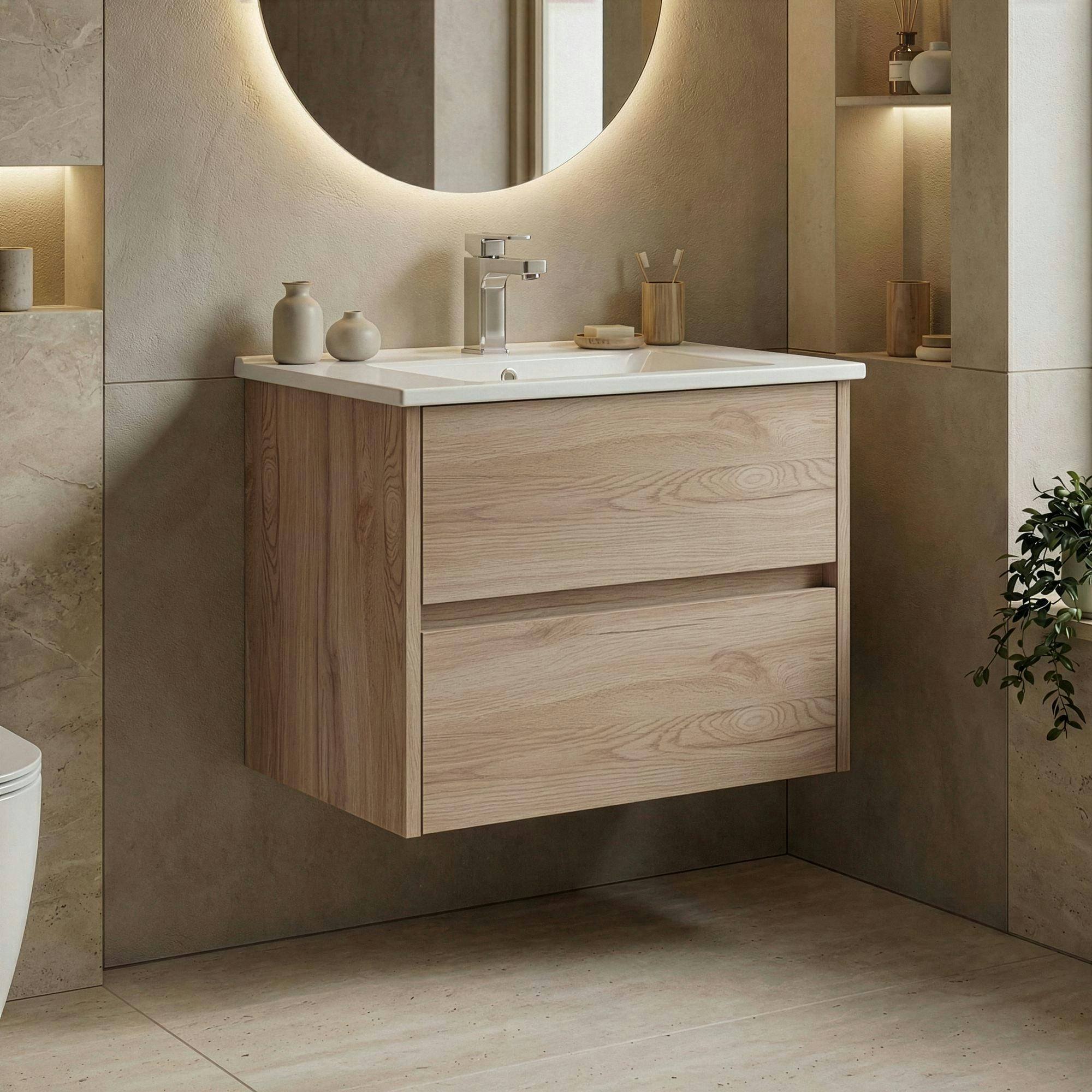 Meuble vasque suspendu 65 cm décor chêne 2 tiroirs MOANA