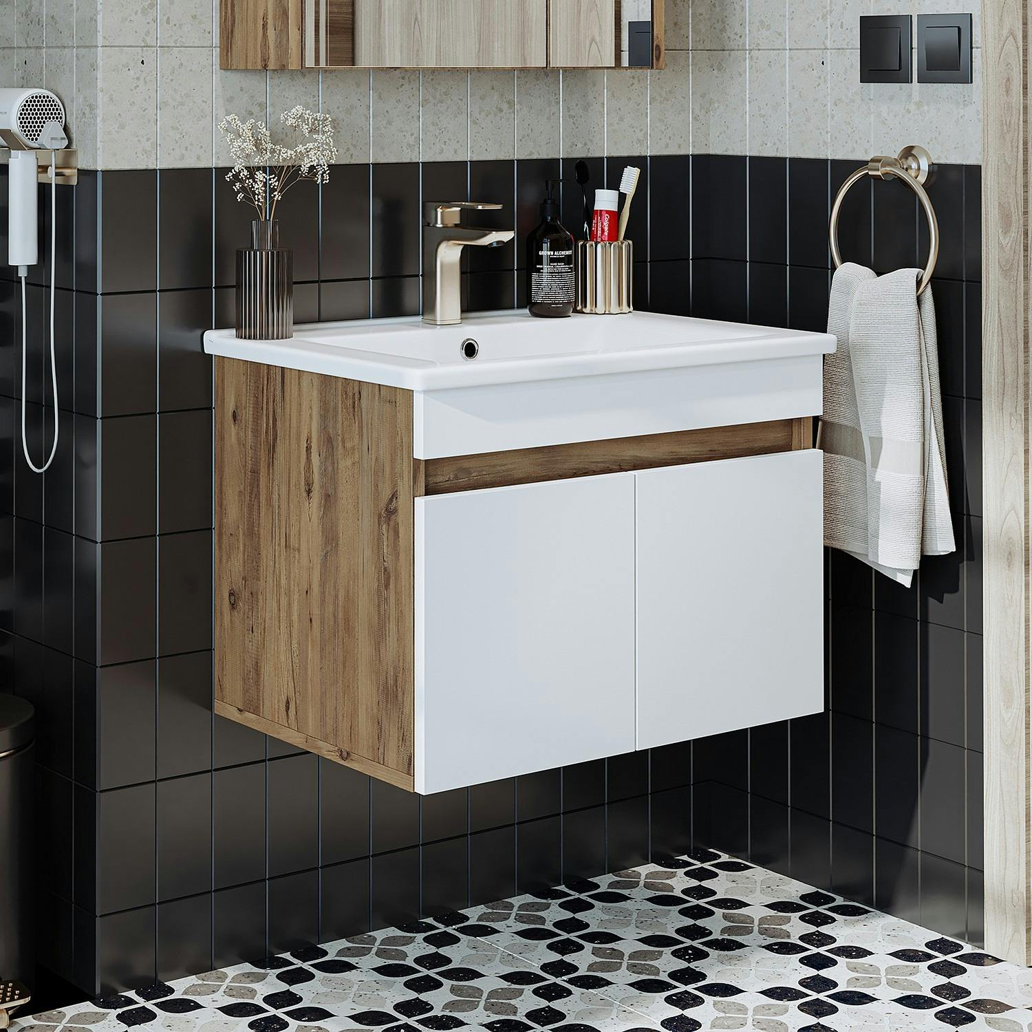 Meuble vasque suspendu 65 cm décor pin et blanc 2 portes LAO