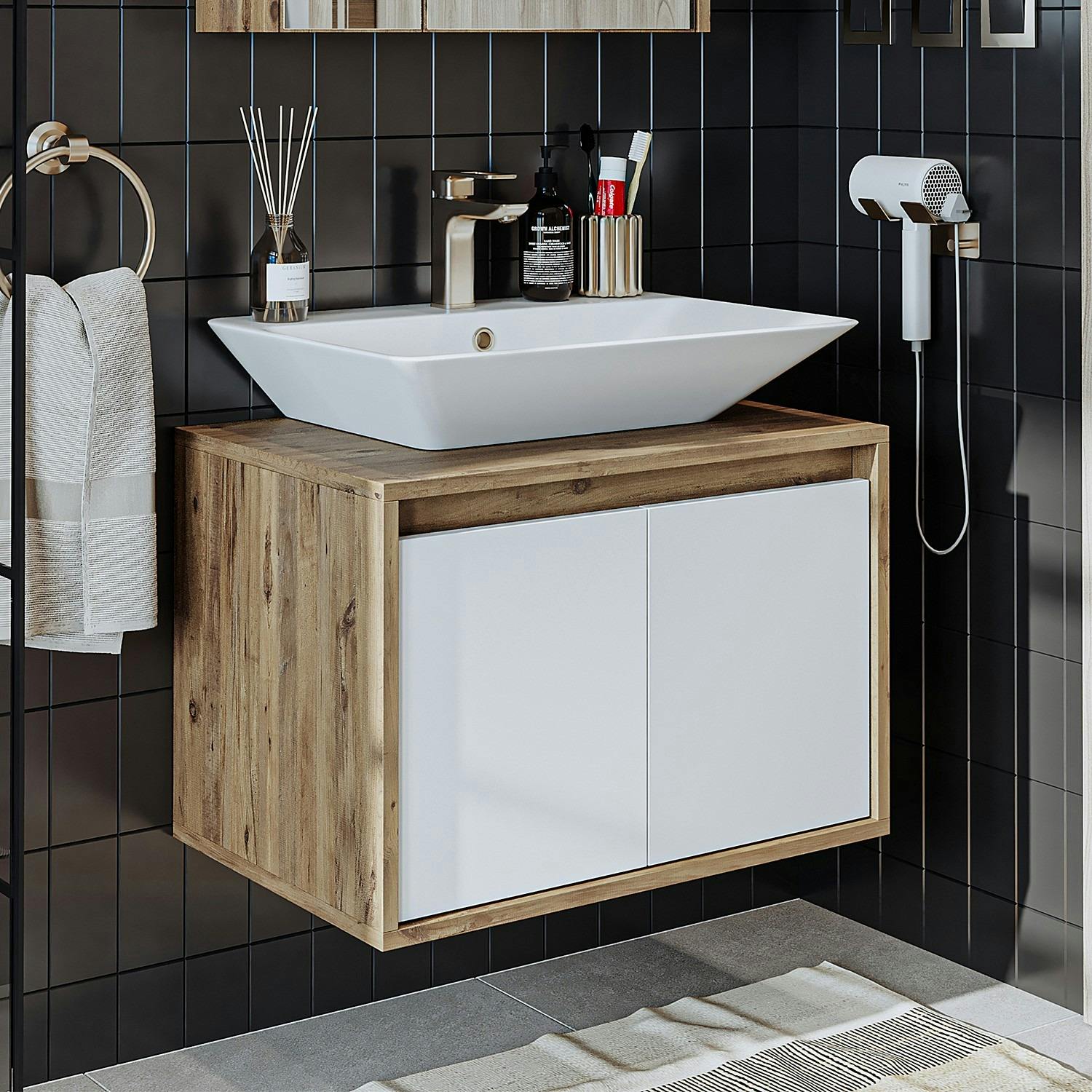 Meuble vasque suspendu 65 cm décor pin et blanc 2 portes MARN