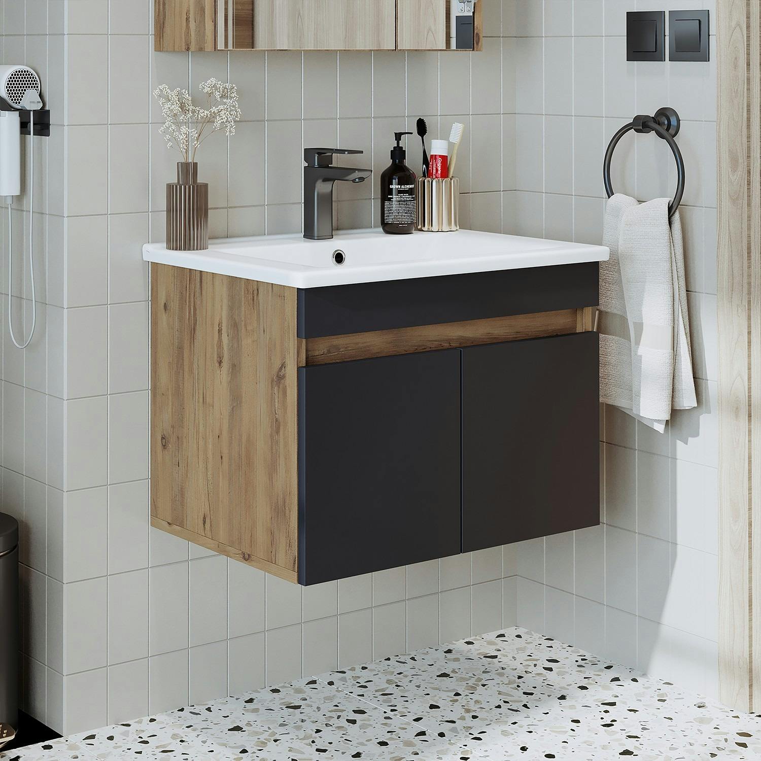 Meuble vasque suspendu 65 cm décor pin et gris 2 portes LAO