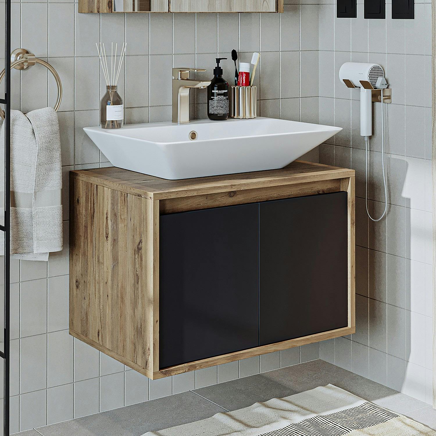 Meuble vasque suspendu 65 cm décor pin et gris 2 portes MARN