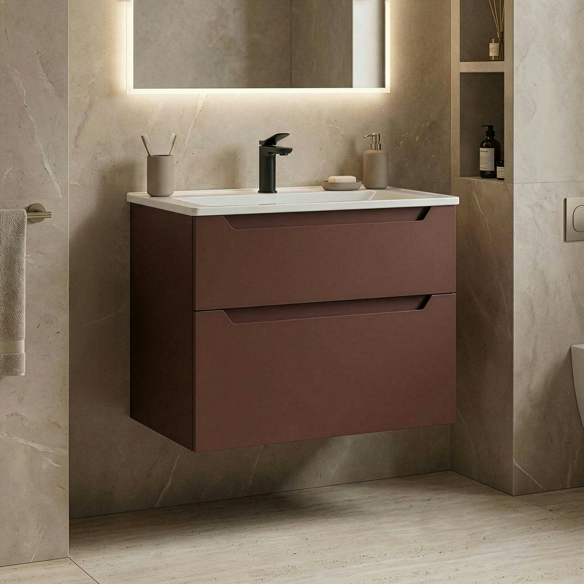Meuble vasque suspendu 65 cm rouge 2 tiroirs ELYO