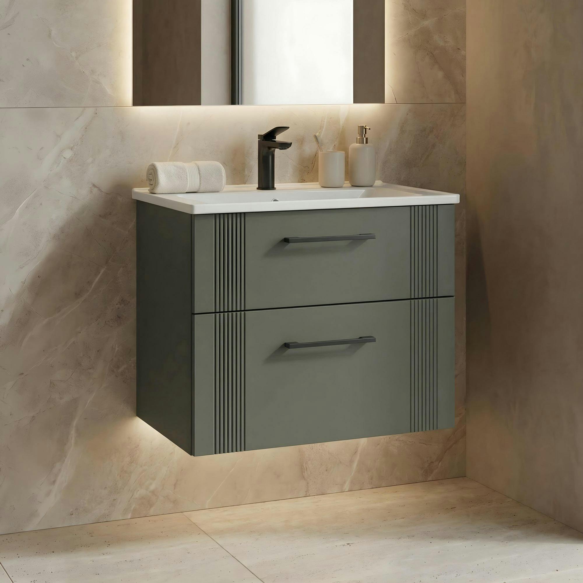 Meuble vasque suspendu 65 cm vert mat 2 tiroirs ONDIA