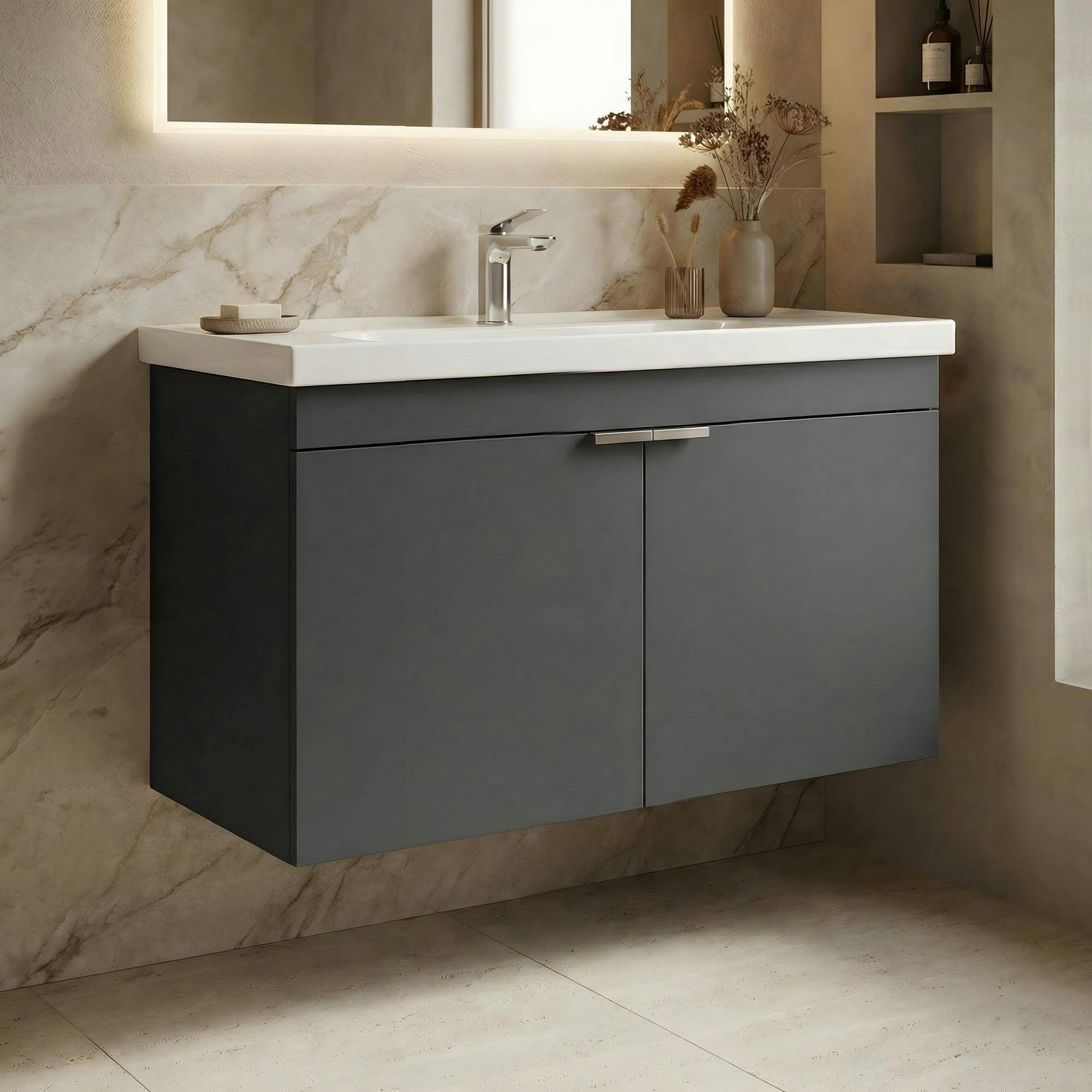 Meuble vasque suspendu 80 cm anthracite 2 portes NEA