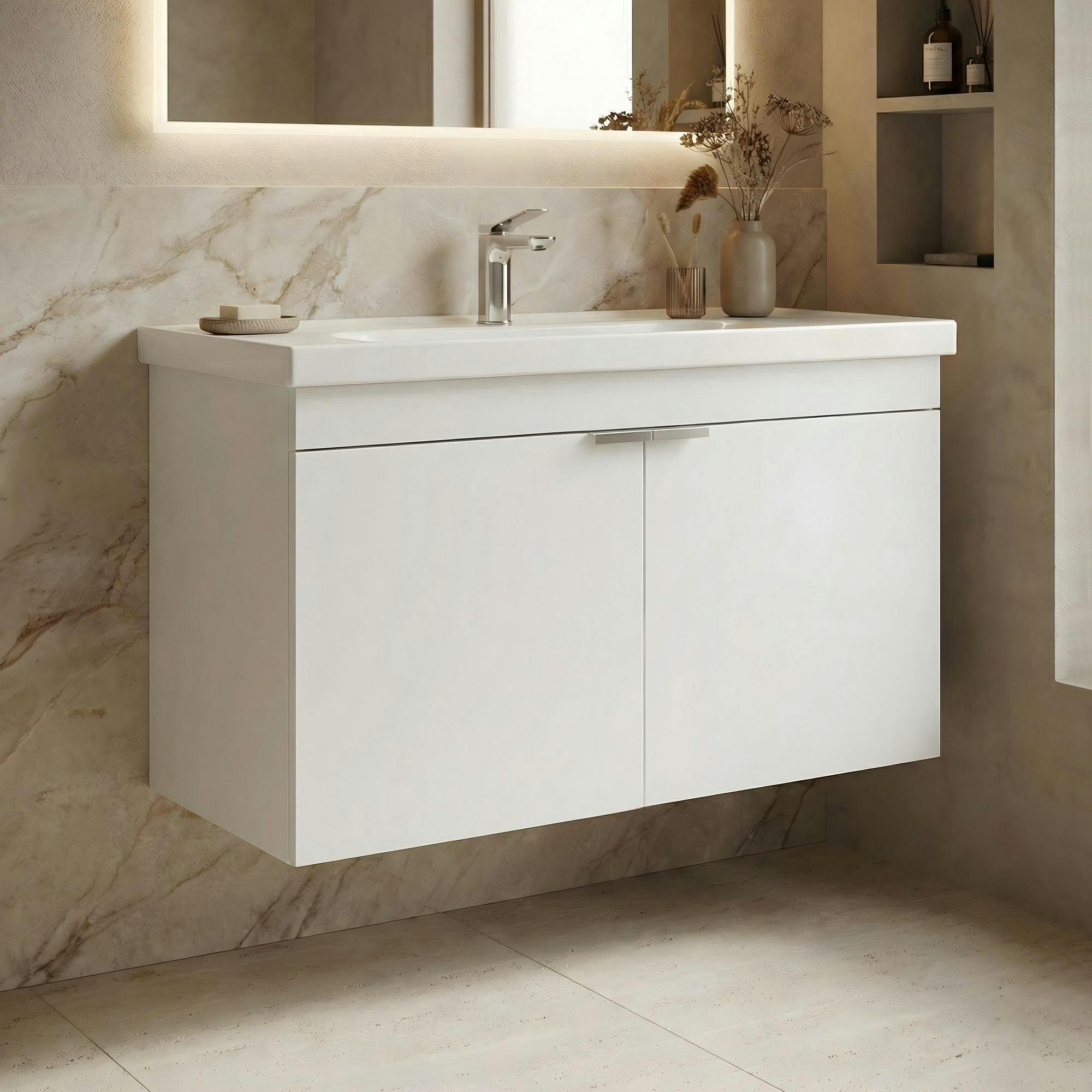 Meuble vasque suspendu 80 cm blanc 2 portes NEA