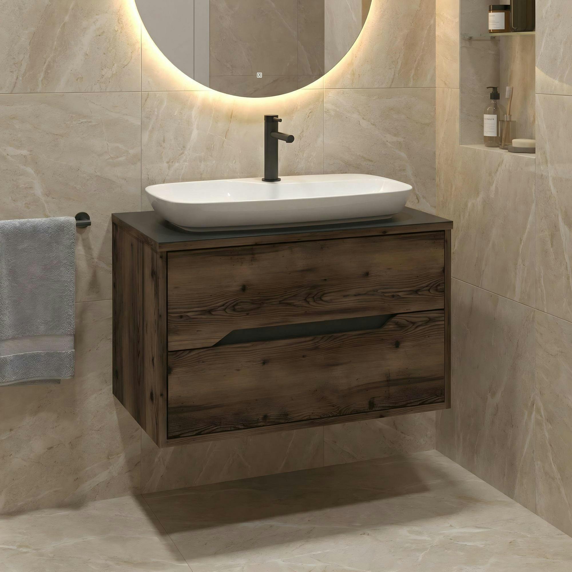 Meuble vasque suspendu 80 cm décor bois foncé 2 tiroirs NEÏS