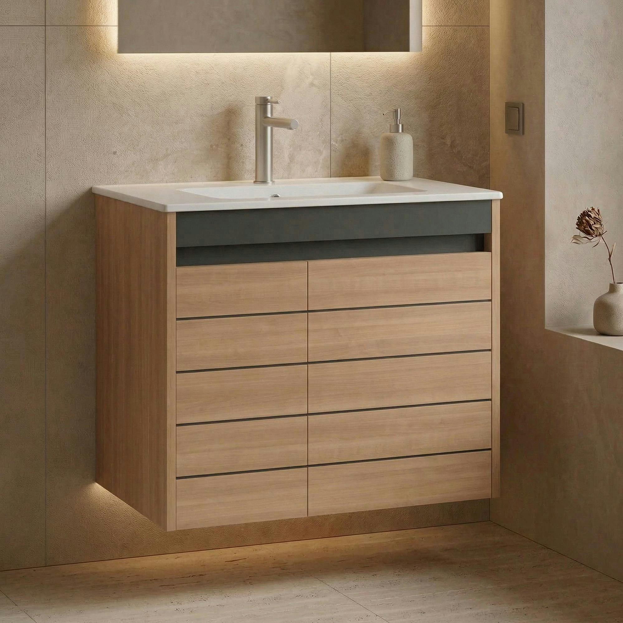 Meuble vasque suspendu 80 cm décor chêne 2 portes AÏGA