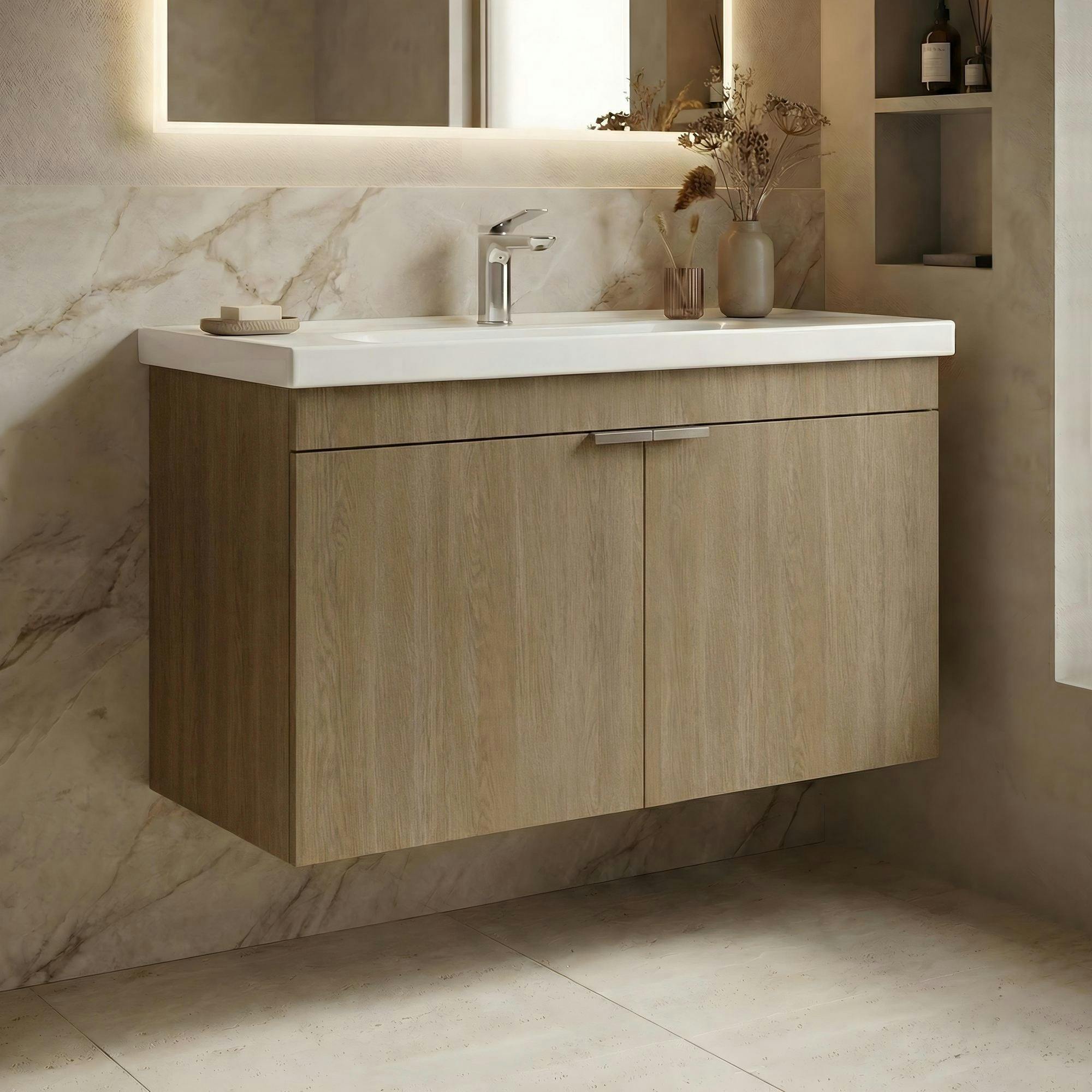 Meuble vasque suspendu 80 cm décor chêne 2 portes NEA