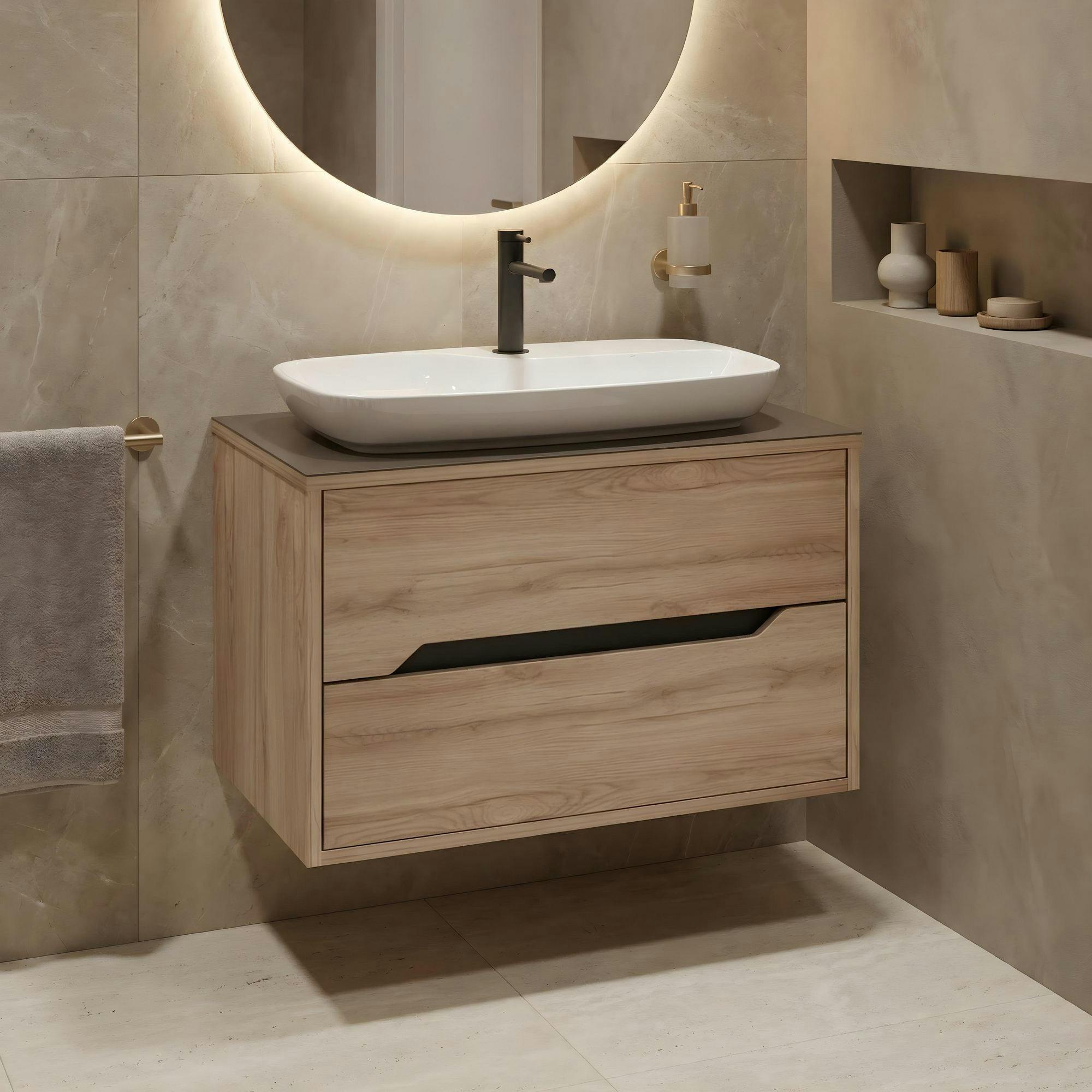 Meuble vasque suspendu 80 cm décor chêne 2 tiroirs NEÏS