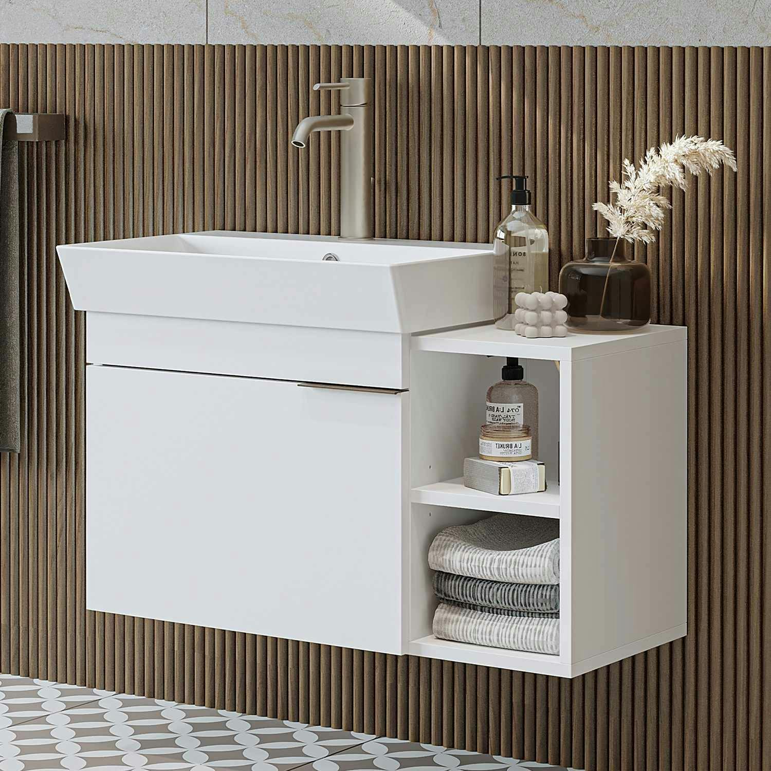 Meuble vasque suspendu 82 cm blanc 1 porte 2 niches NORIA