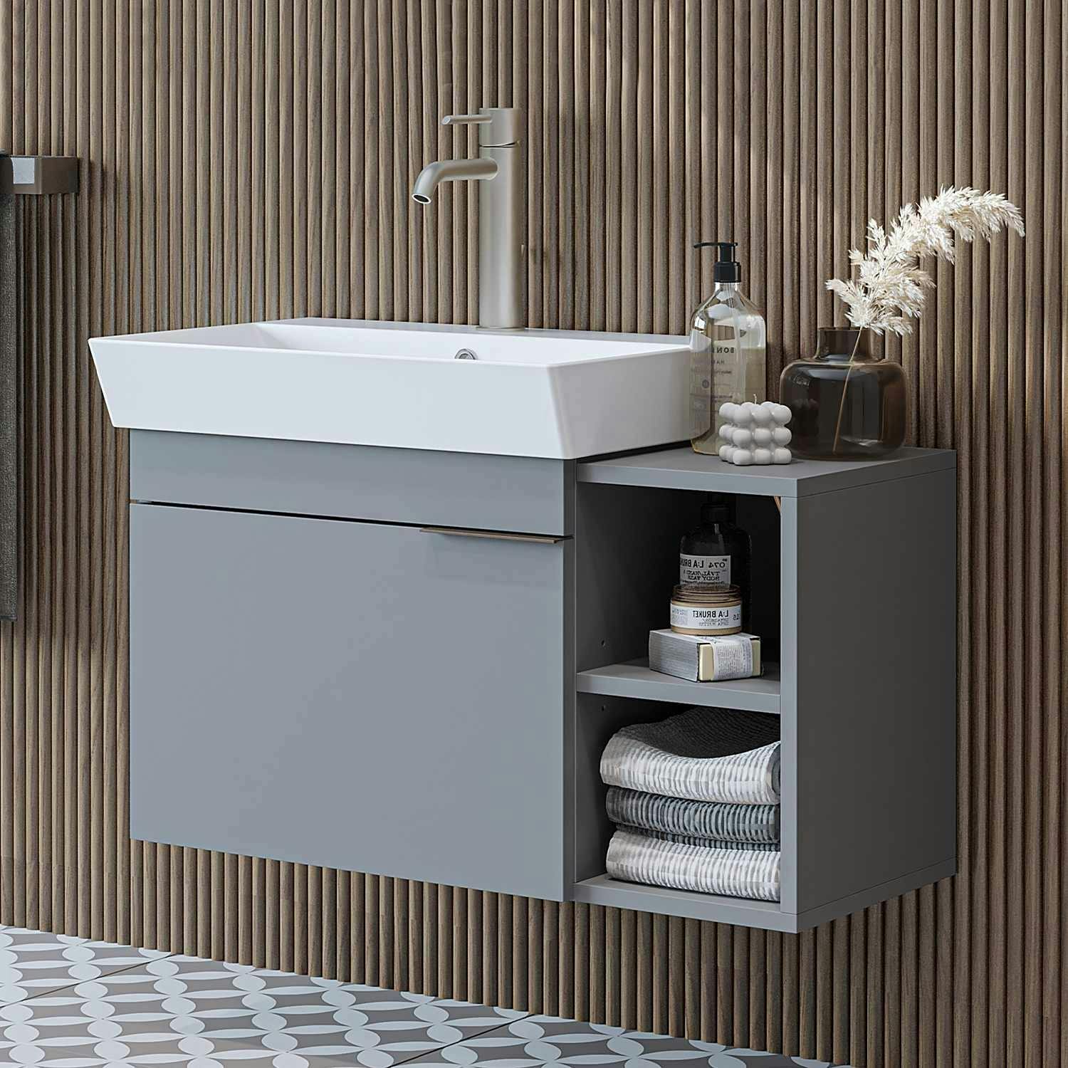 Meuble vasque suspendu 82 cm gris clair 1 porte 2 niches NORIA