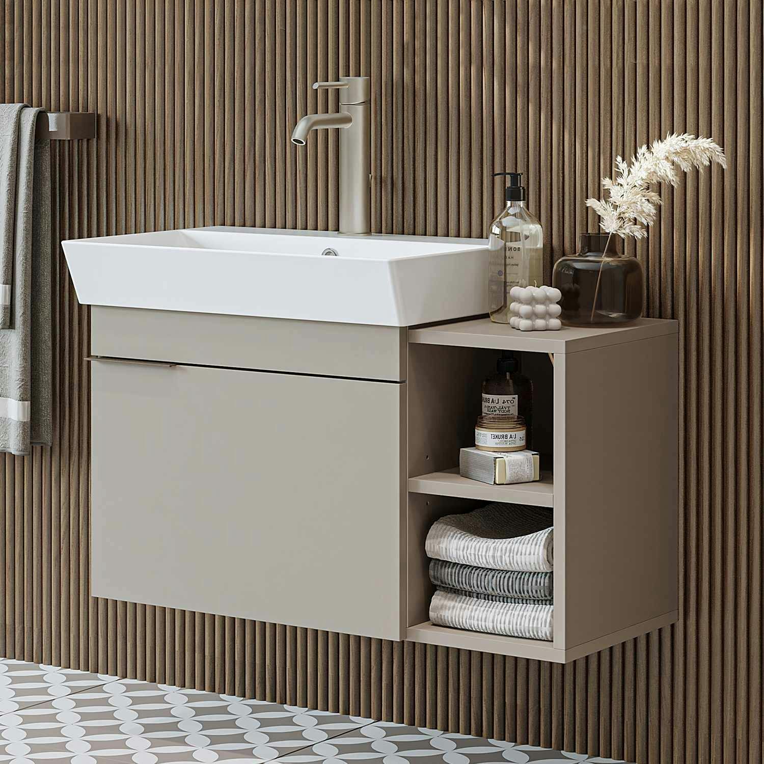 Meuble vasque suspendu 82 cm sable 1 porte 2 niches NORIA
