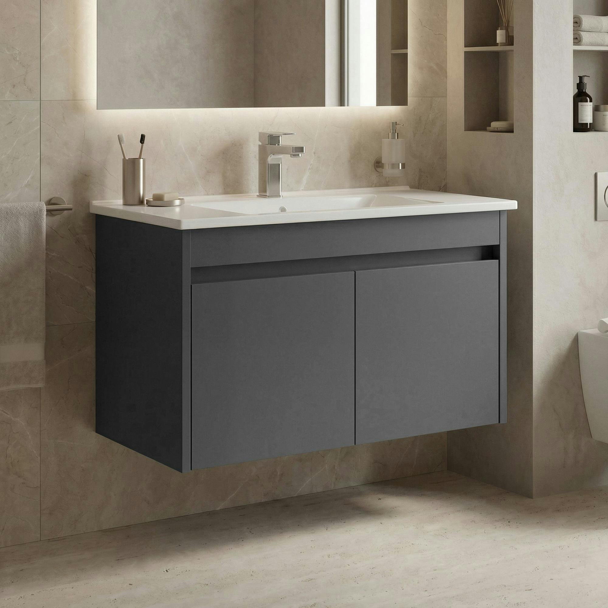 Meuble vasque suspendu 85 cm anthracite 2 portes MOANA