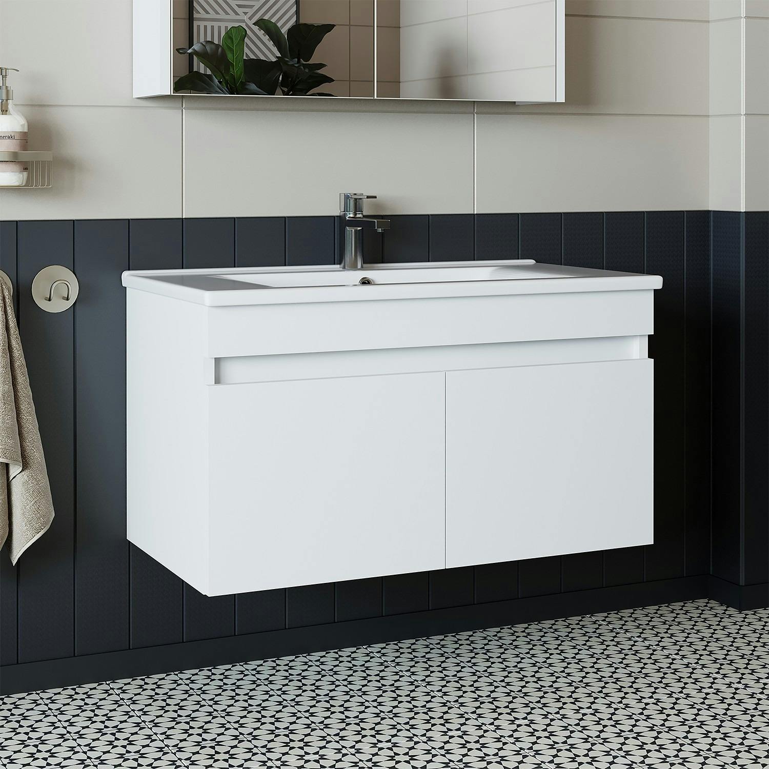 Meuble vasque suspendu 85 cm blanc 2 portes LAAN