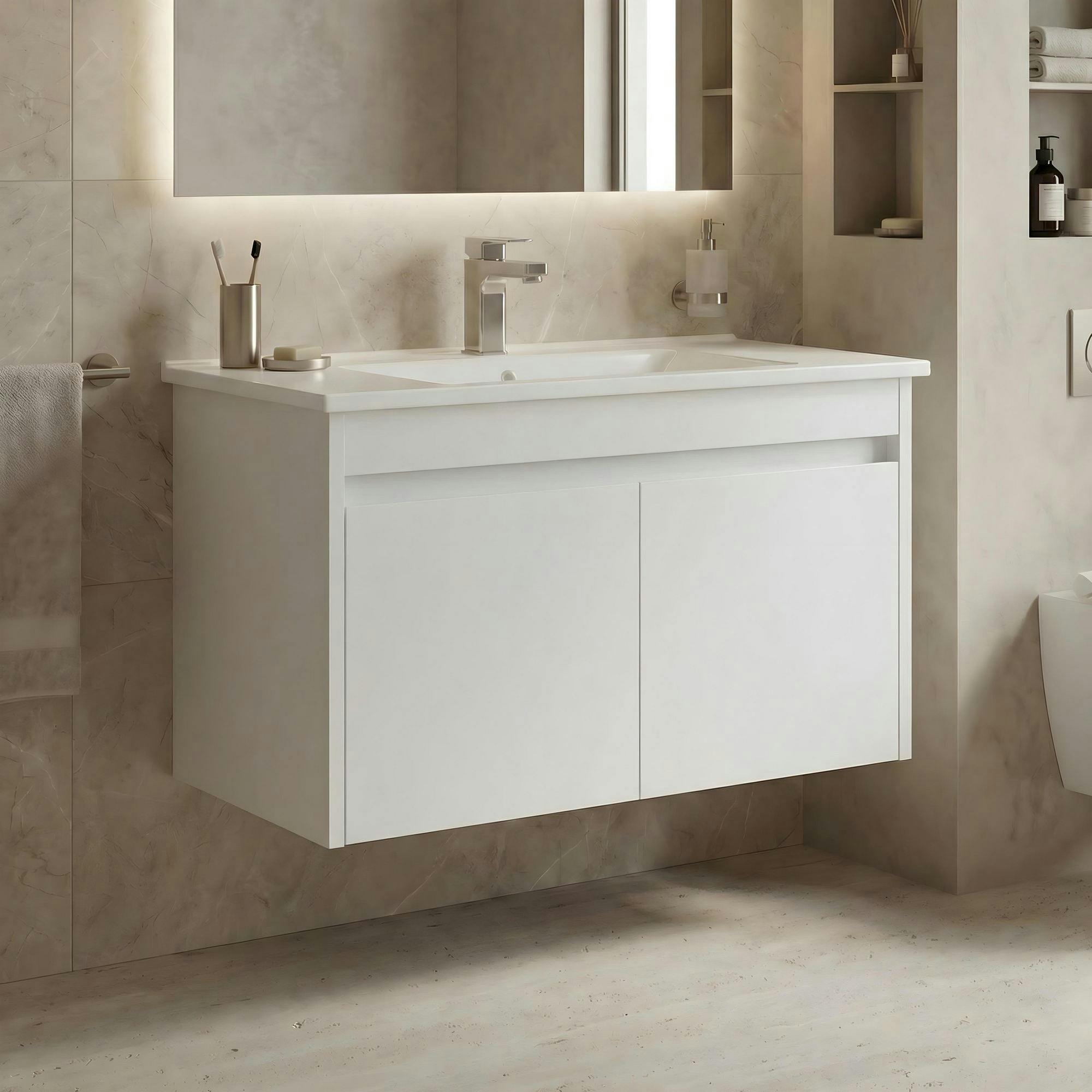 Meuble vasque suspendu 85 cm blanc 2 portes NAÏA