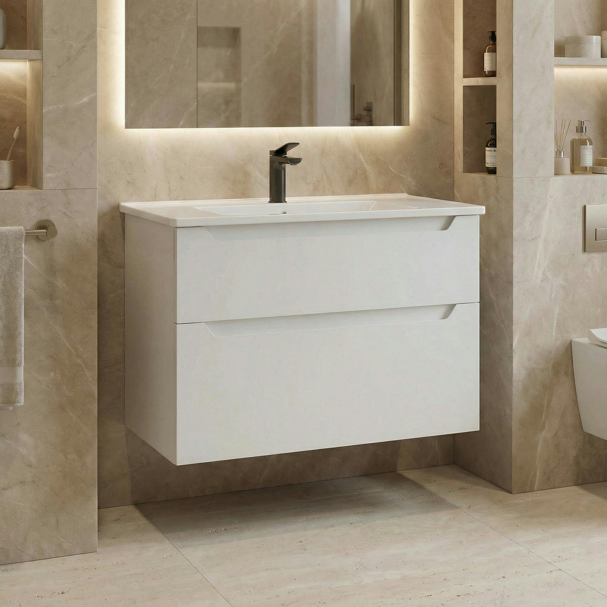 Meuble vasque suspendu 85 cm blanc 2 tiroirs ELYO