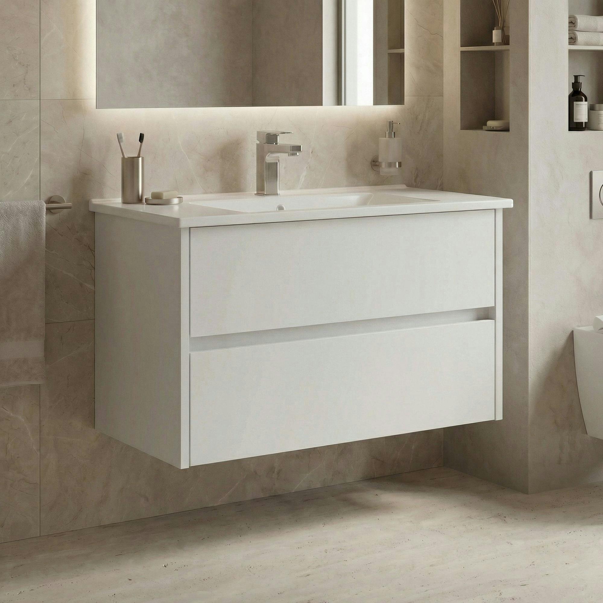 Meuble vasque suspendu 85 cm blanc 2 tiroirs MOANA