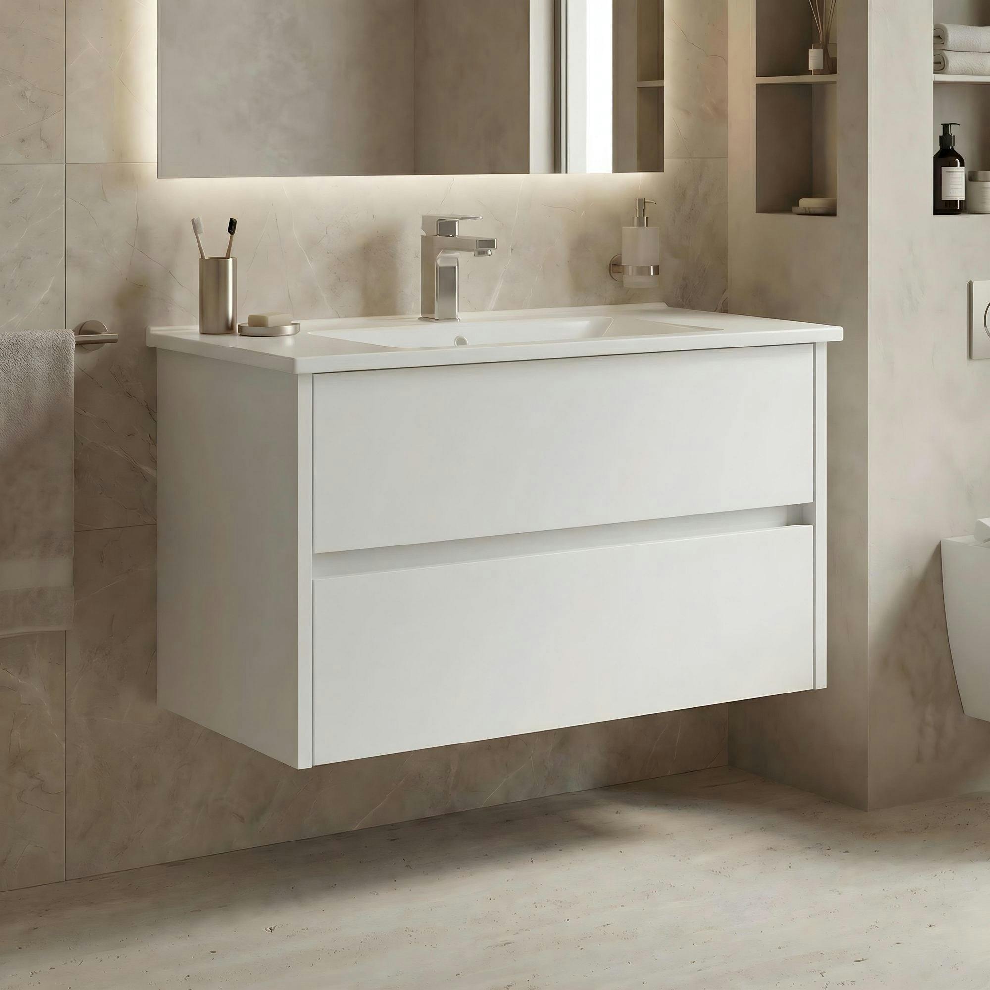 Meuble vasque suspendu 85 cm blanc 2 tiroirs NAÏA