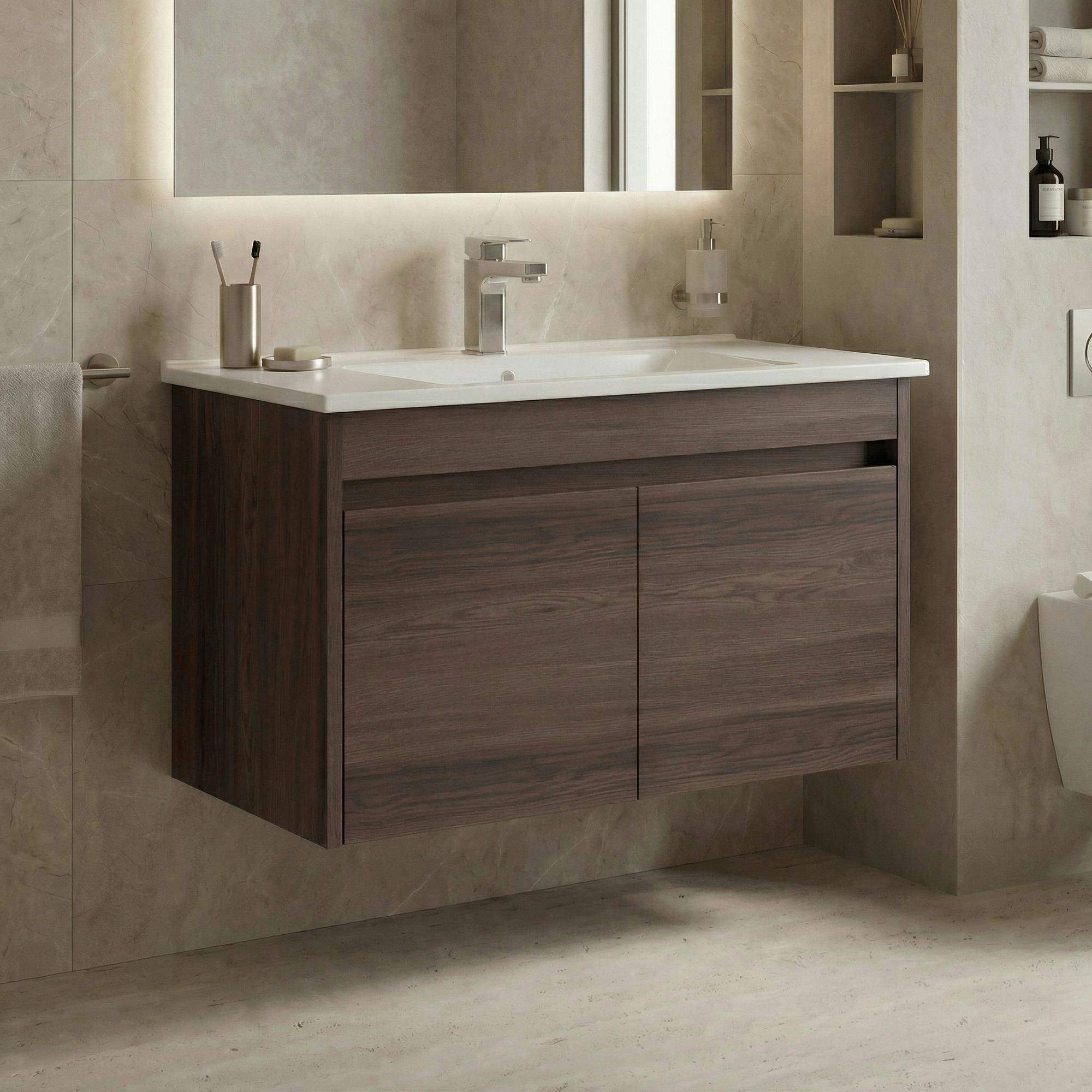 Meuble vasque suspendu 85 cm décor bois foncé 2 portes MOANA