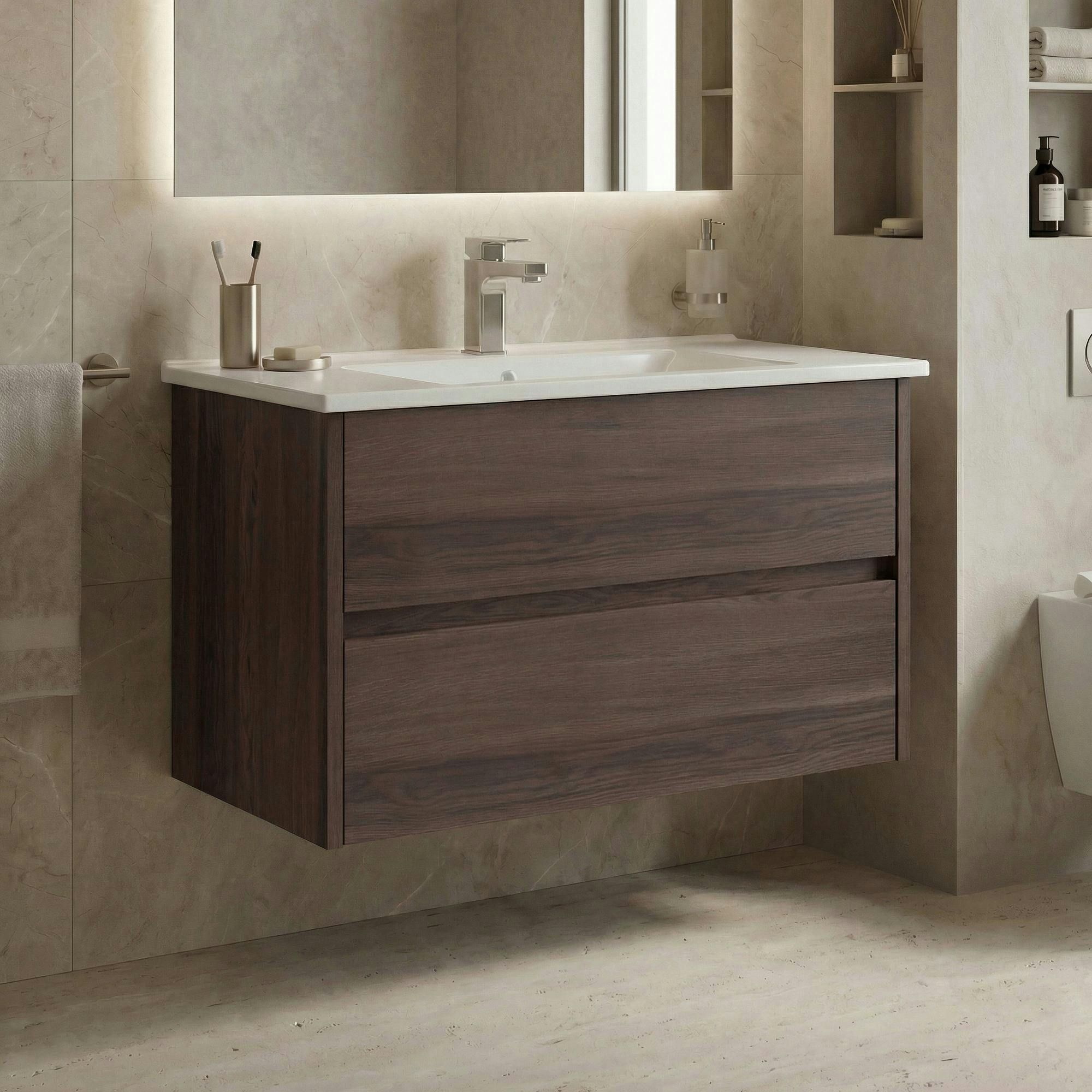 Meuble vasque suspendu 85 cm décor bois foncé 2 tiroirs MOANA