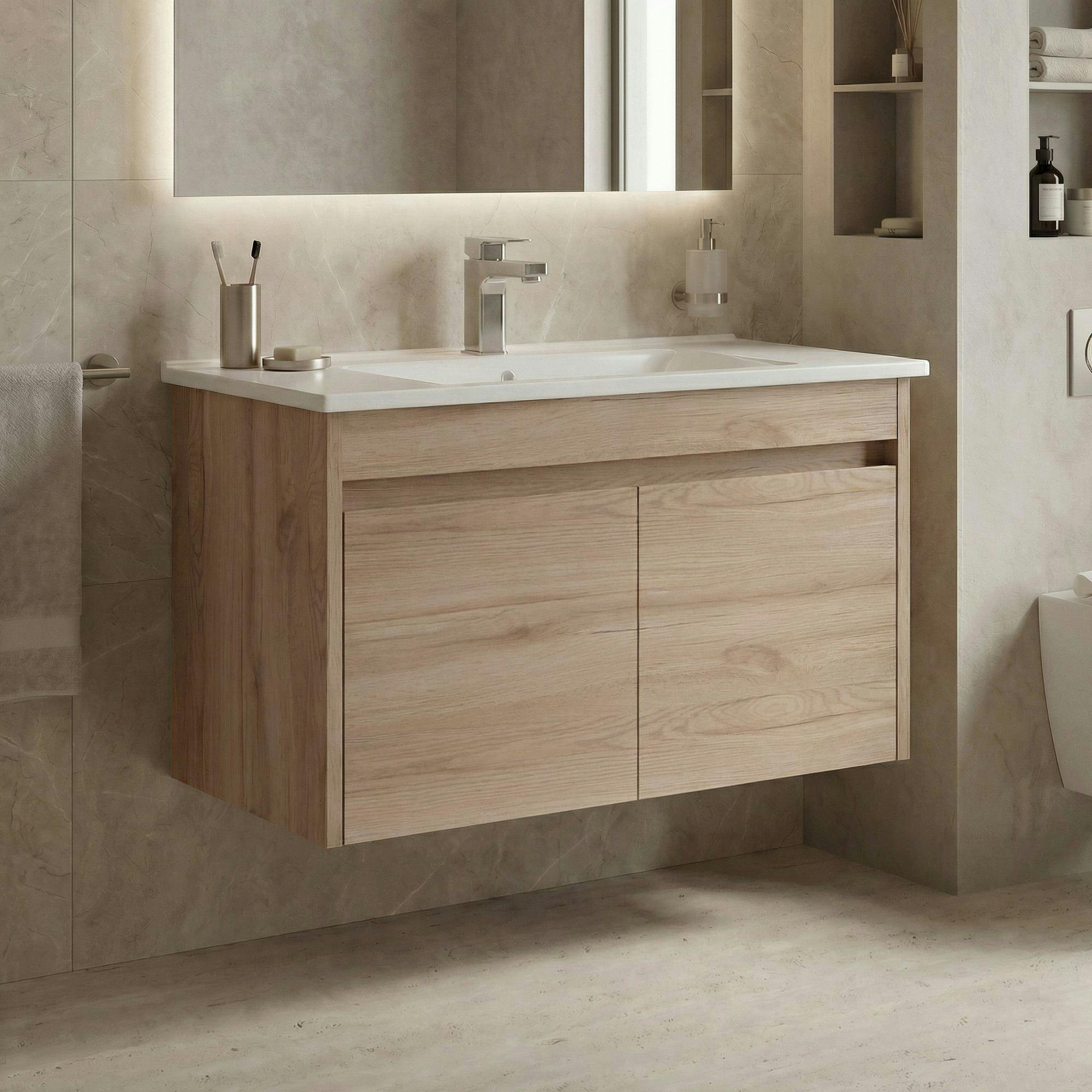 Meuble vasque suspendu 85 cm décor chêne 2 portes MOANA