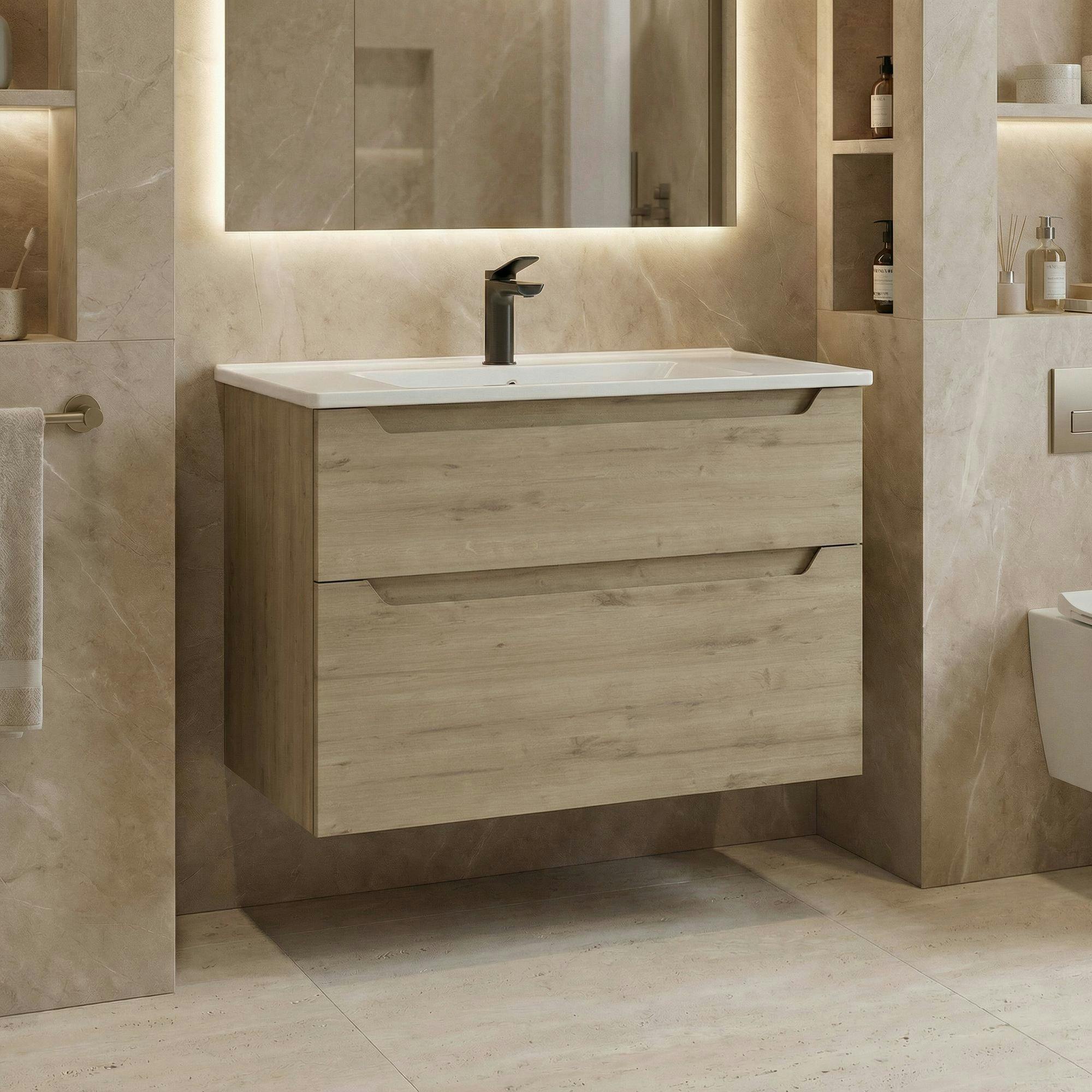 Meuble vasque suspendu 85 cm décor chêne 2 tiroirs ELYO