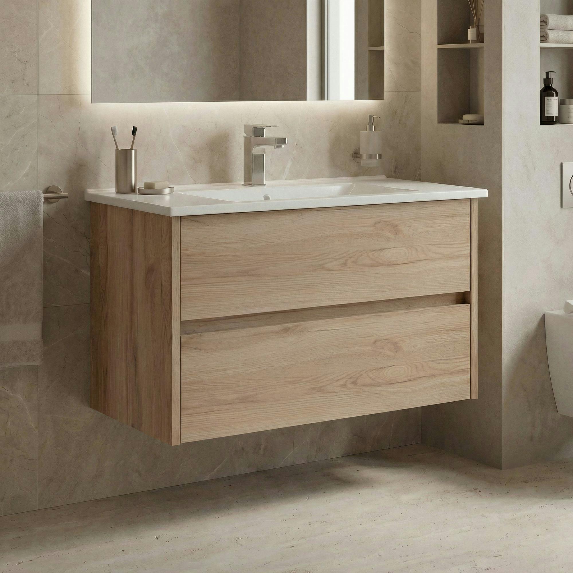 Meuble vasque suspendu 85 cm décor chêne 2 tiroirs MOANA