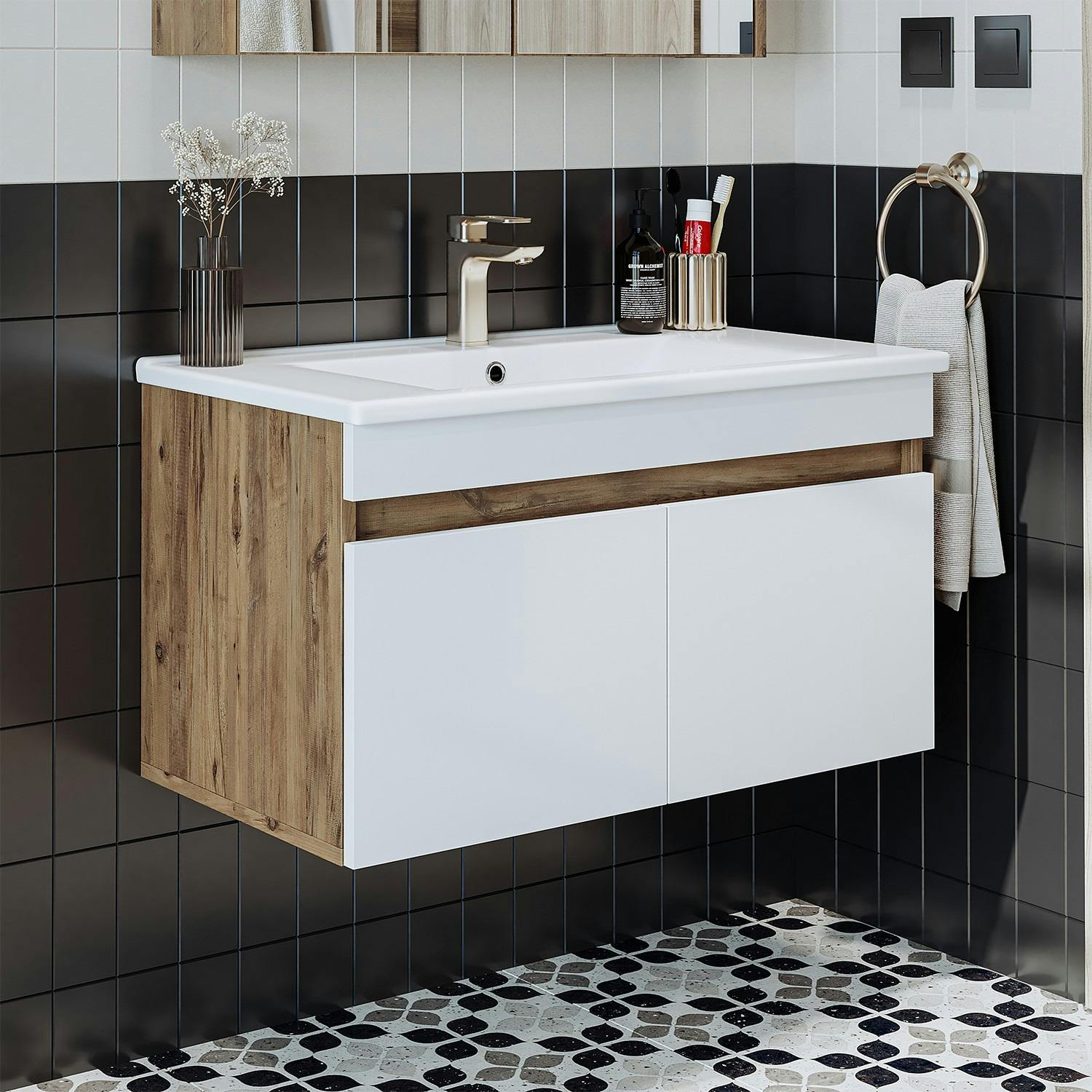 Meuble vasque suspendu 85 cm décor pin et blanc 2 portes LAAN