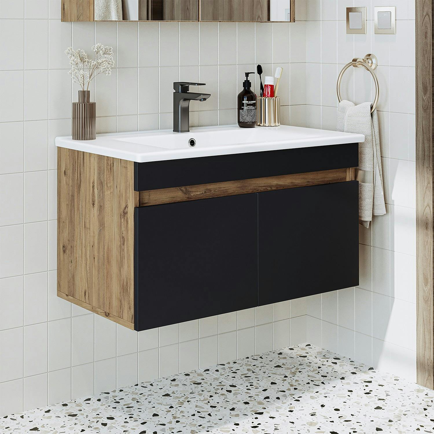 Meuble vasque suspendu 85 cm décor pin et gris 2 portes LAAN