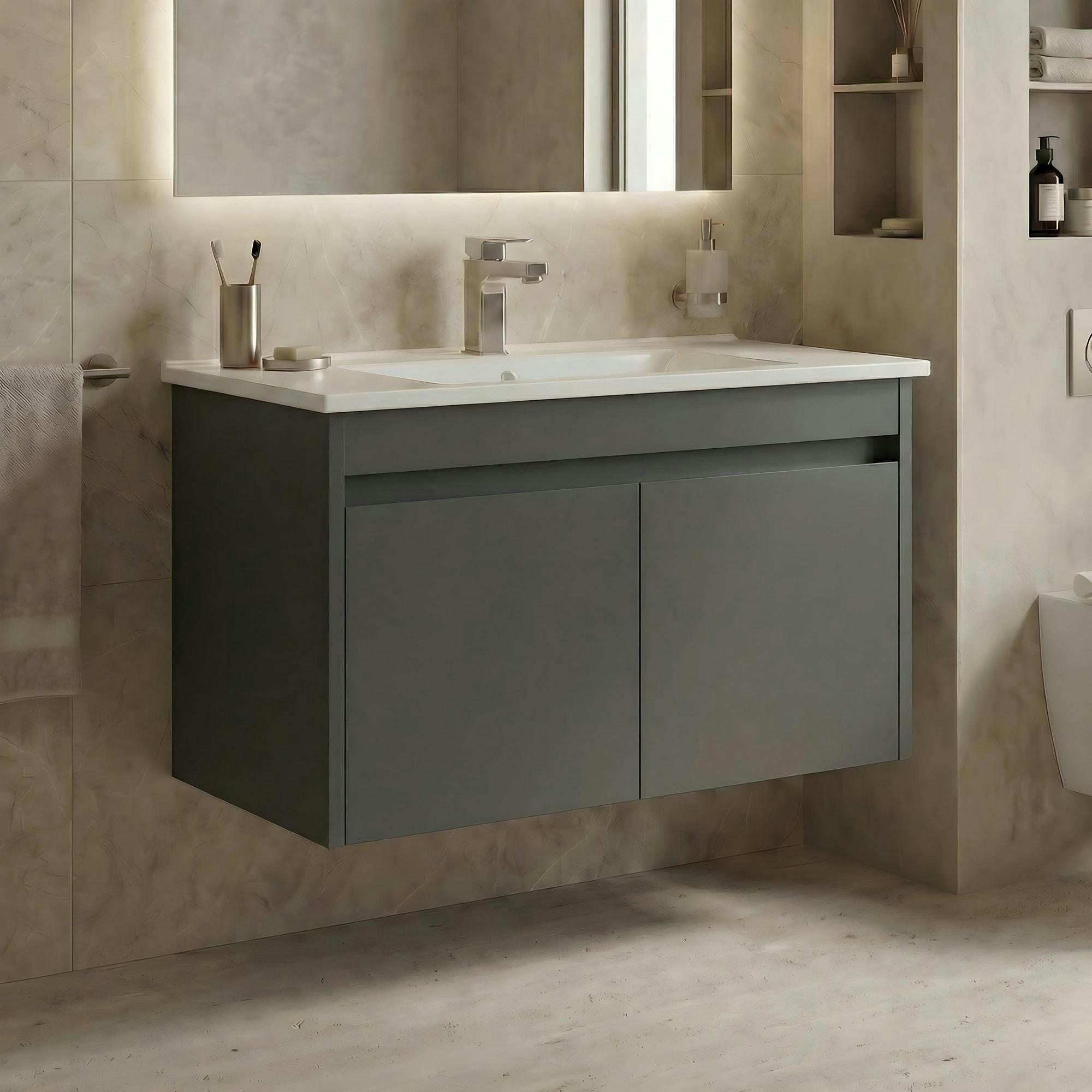 Meuble vasque suspendu 85 cm gris 2 portes NAÏA