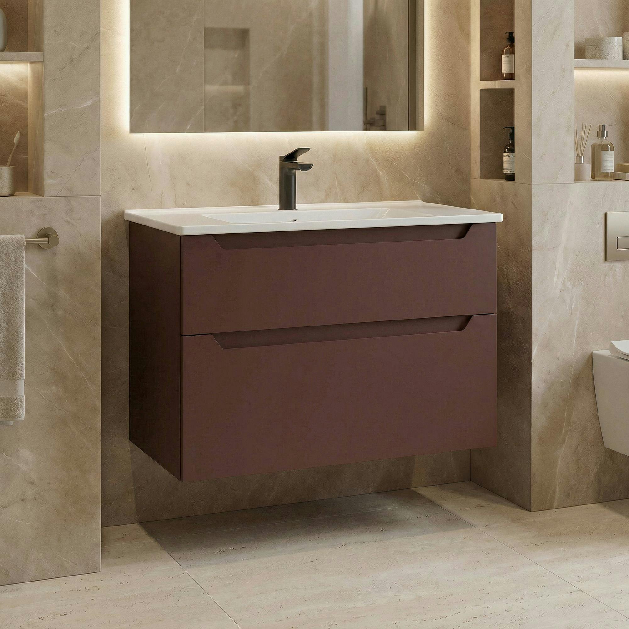 Meuble vasque suspendu 85 cm rouge 2 tiroirs ELYO