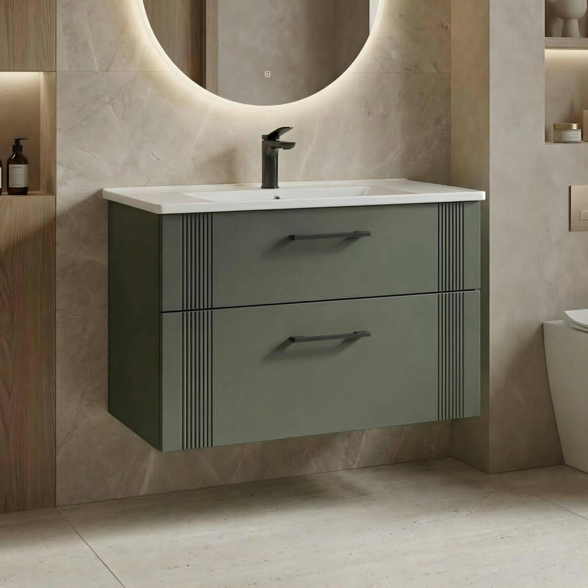 Meuble vasque suspendu 85 cm vert mat 2 tiroirs ONDIA