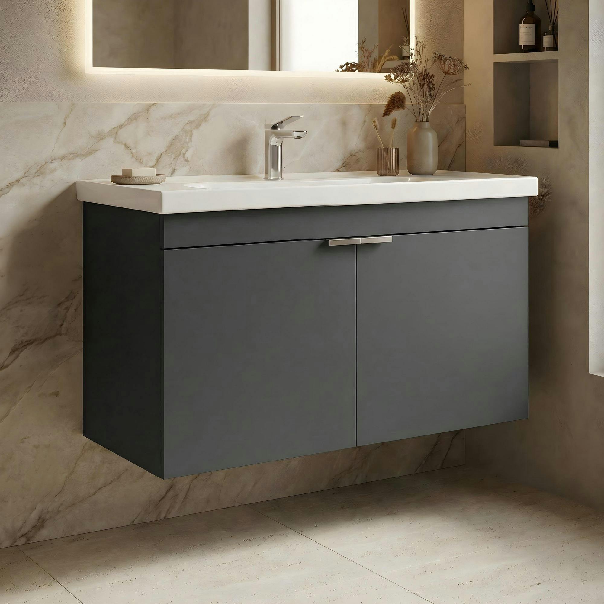 Meuble vasque suspendu 90 cm anthracite 2 portes NEA