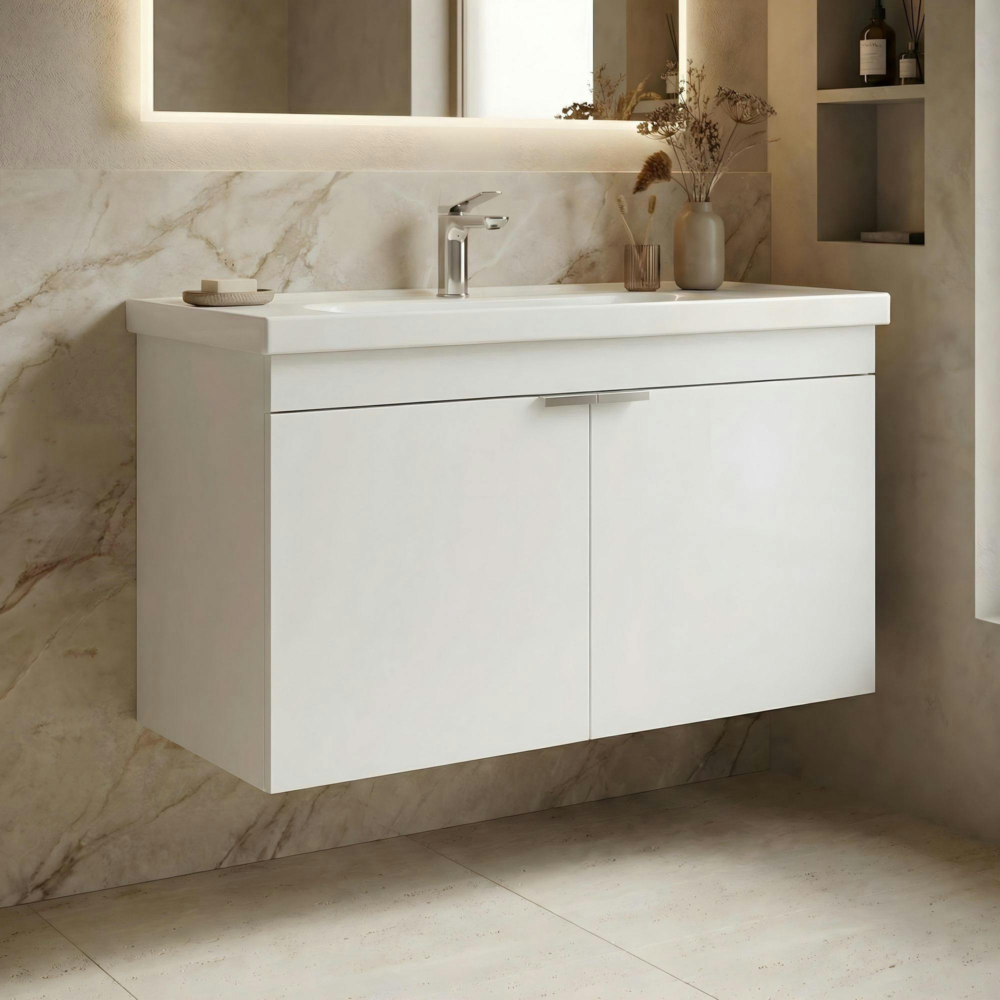 Meuble vasque suspendu 90 cm blanc 2 portes NEA
