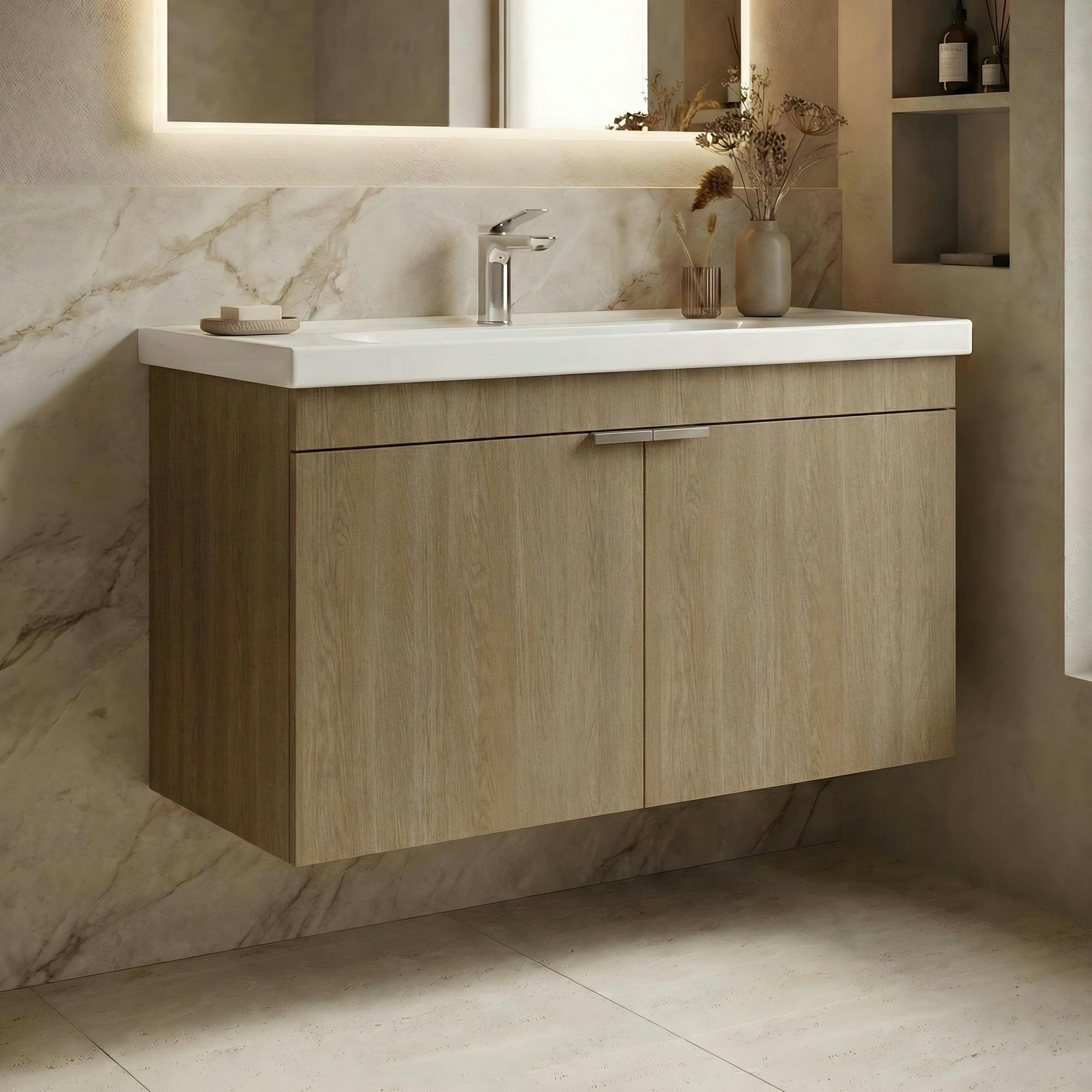 Meuble vasque suspendu 90 cm décor chêne 2 portes NEA