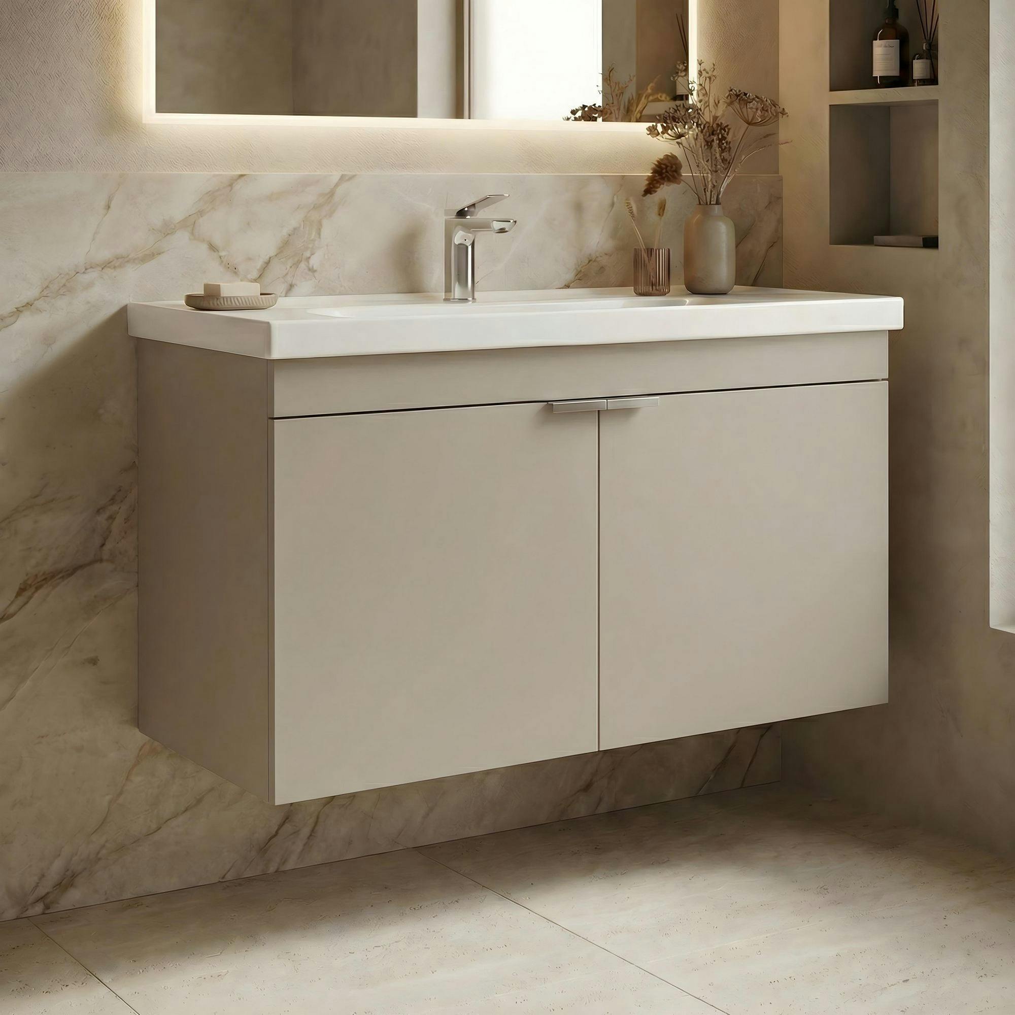 Meuble vasque suspendu 90 cm sable 2 portes NEA