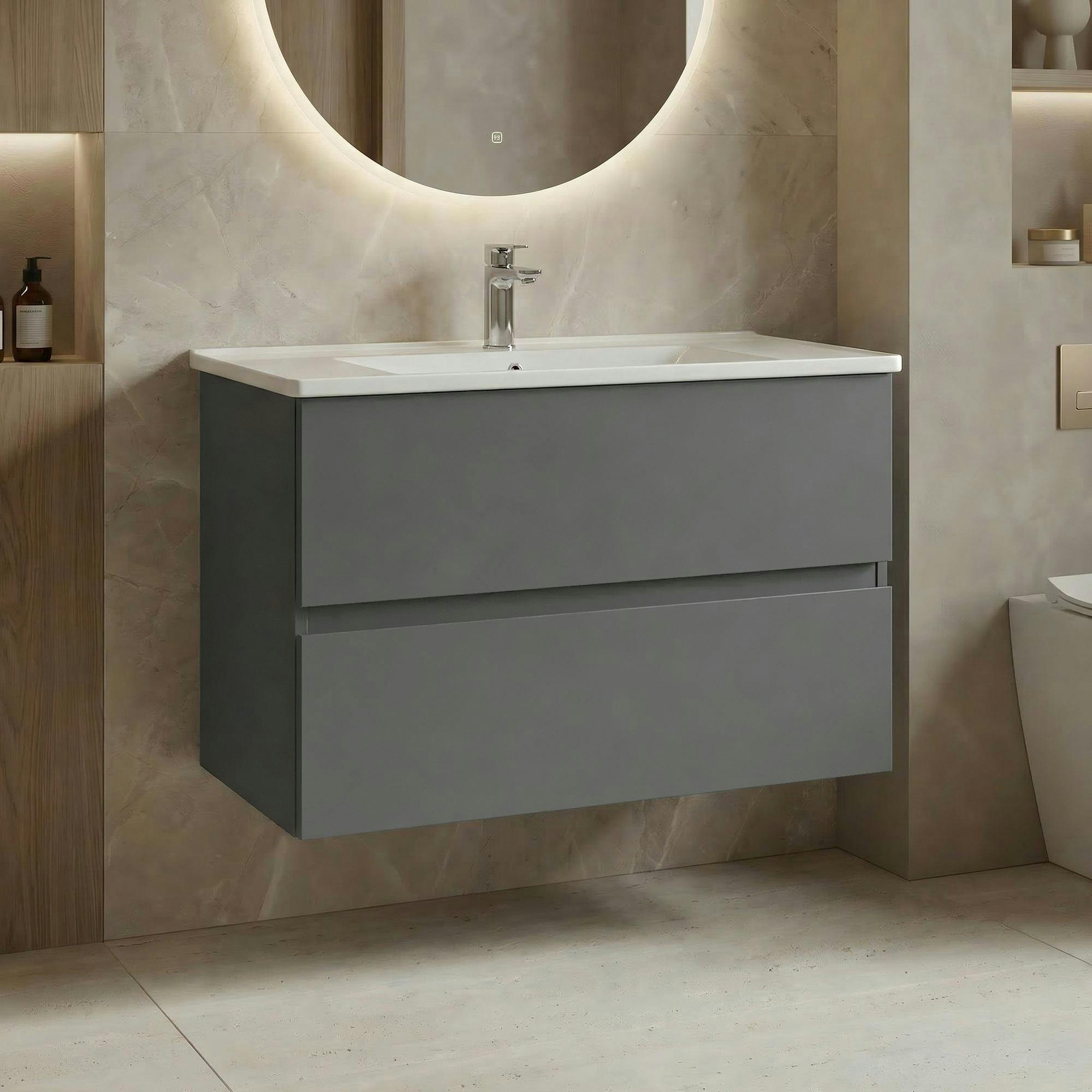 Meuble vasque suspendu 91 cm gris 2 tiroirs OCEA