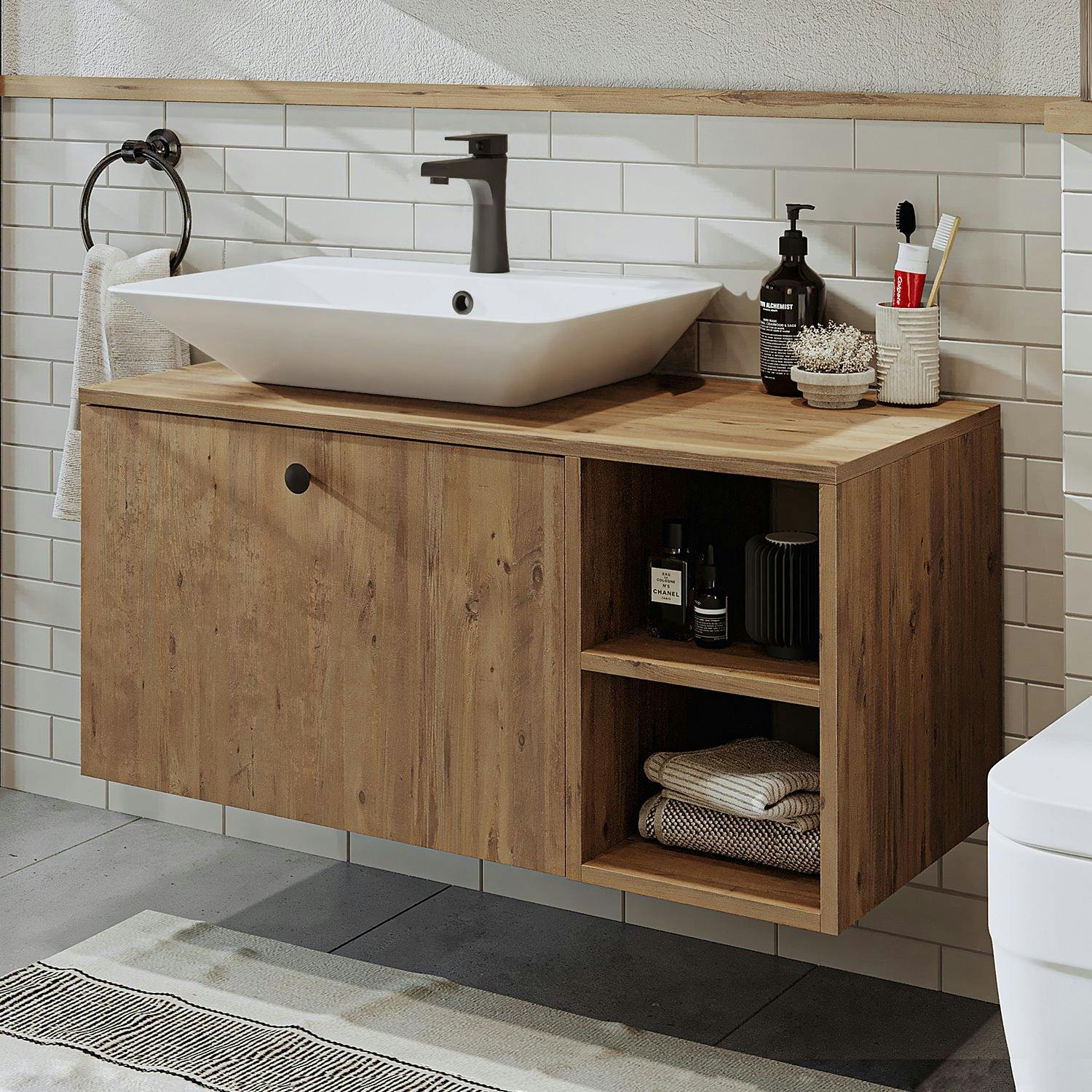 Meuble vasque suspendu 95 cm décor pin 1 tiroir ONDO