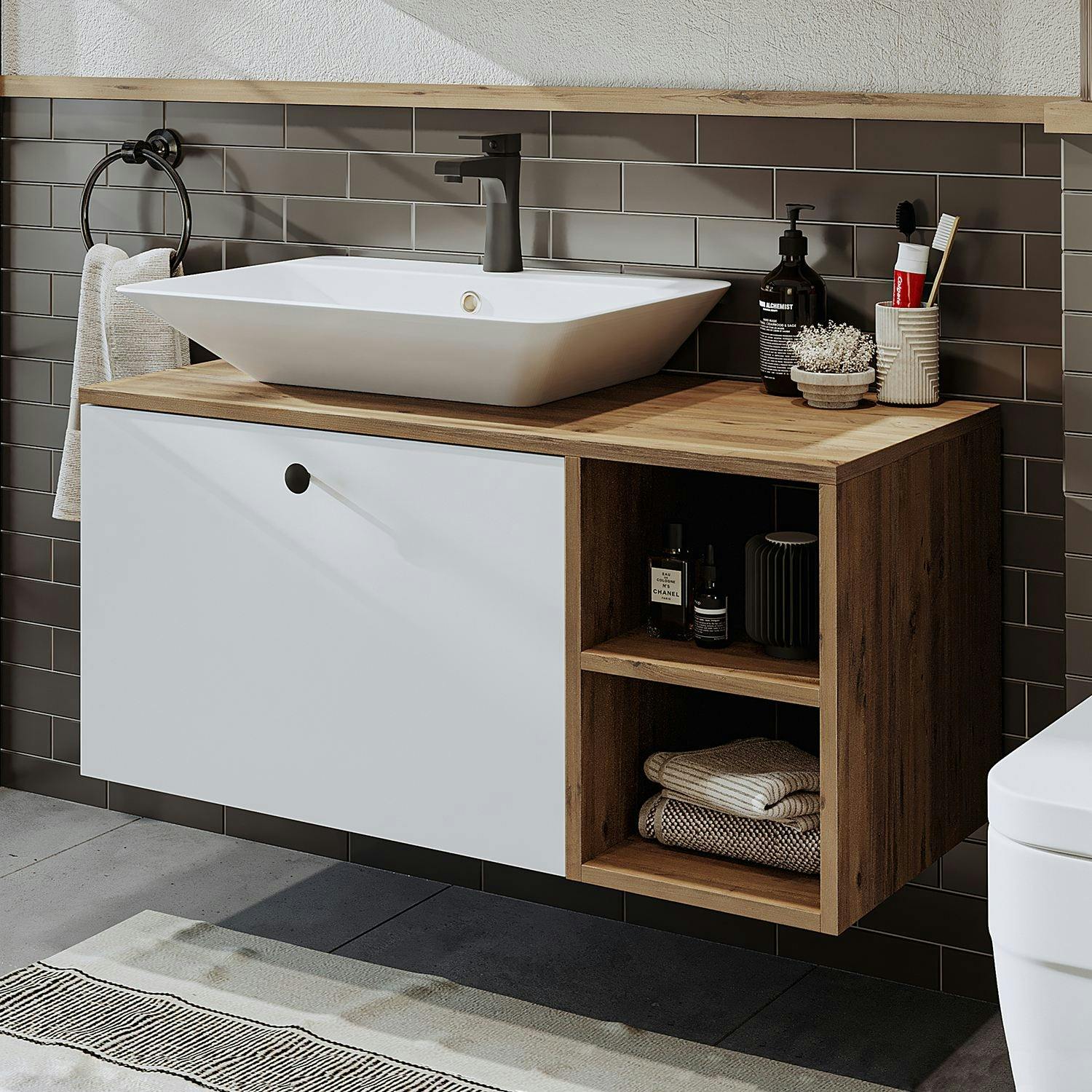 Meuble vasque suspendu 95 cm décor pin et blanc 1 tiroir ONDO