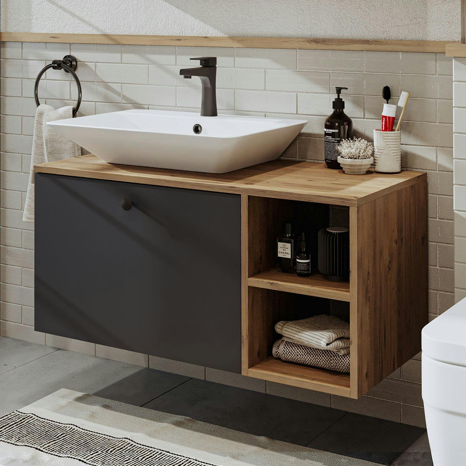 Meuble vasque suspendu 95 cm décor pin et gris 1 tiroir ONDO