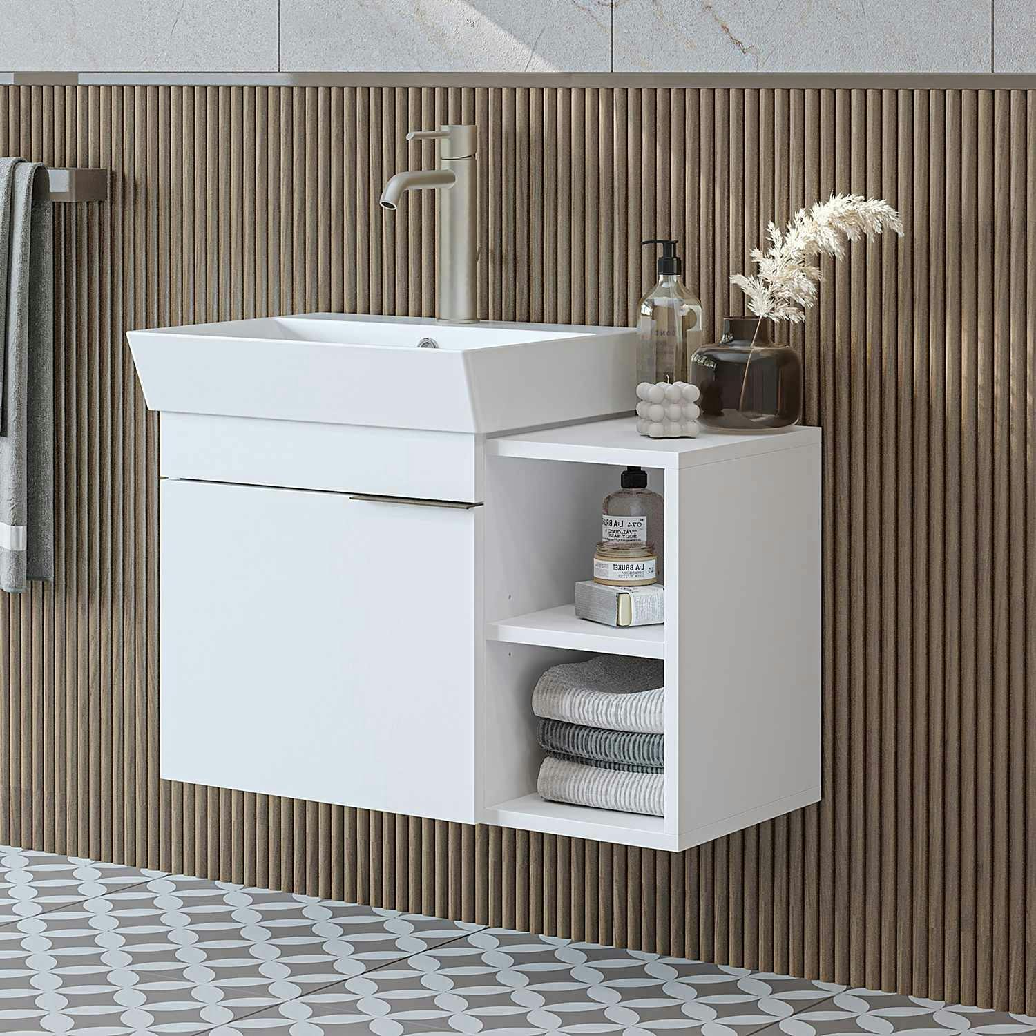 Meuble vasque suspendu blanc 1 porte 2 niches NORIA