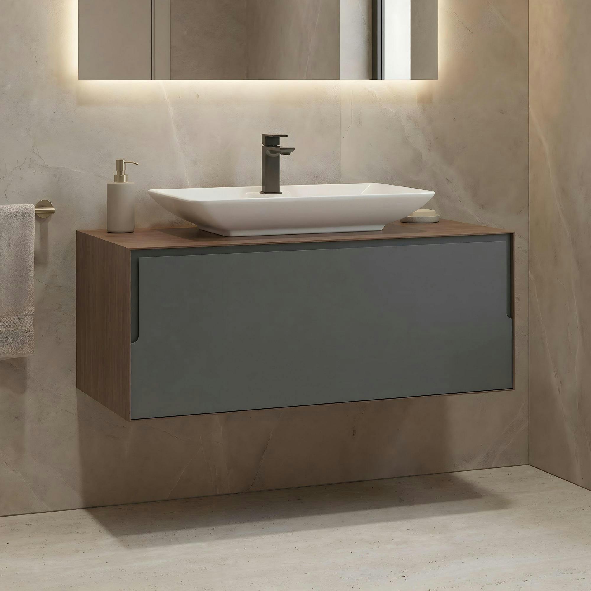 Meuble vasque suspendu blanc 100 cm anthracite et décor noyer 2 tiroirs RIA