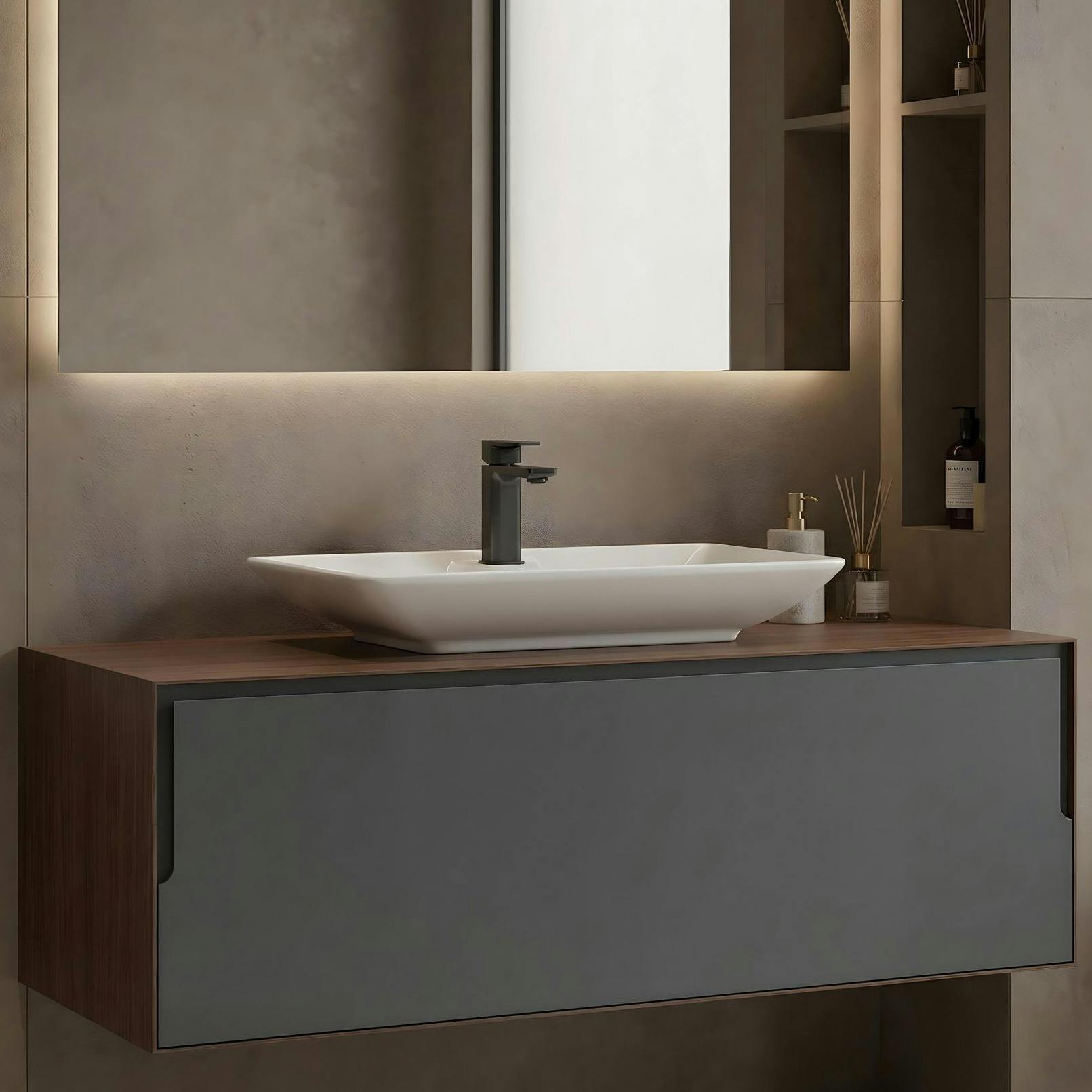Meuble vasque suspendu blanc 120 cm anthracite et décor noyer 2 tiroirs RIA